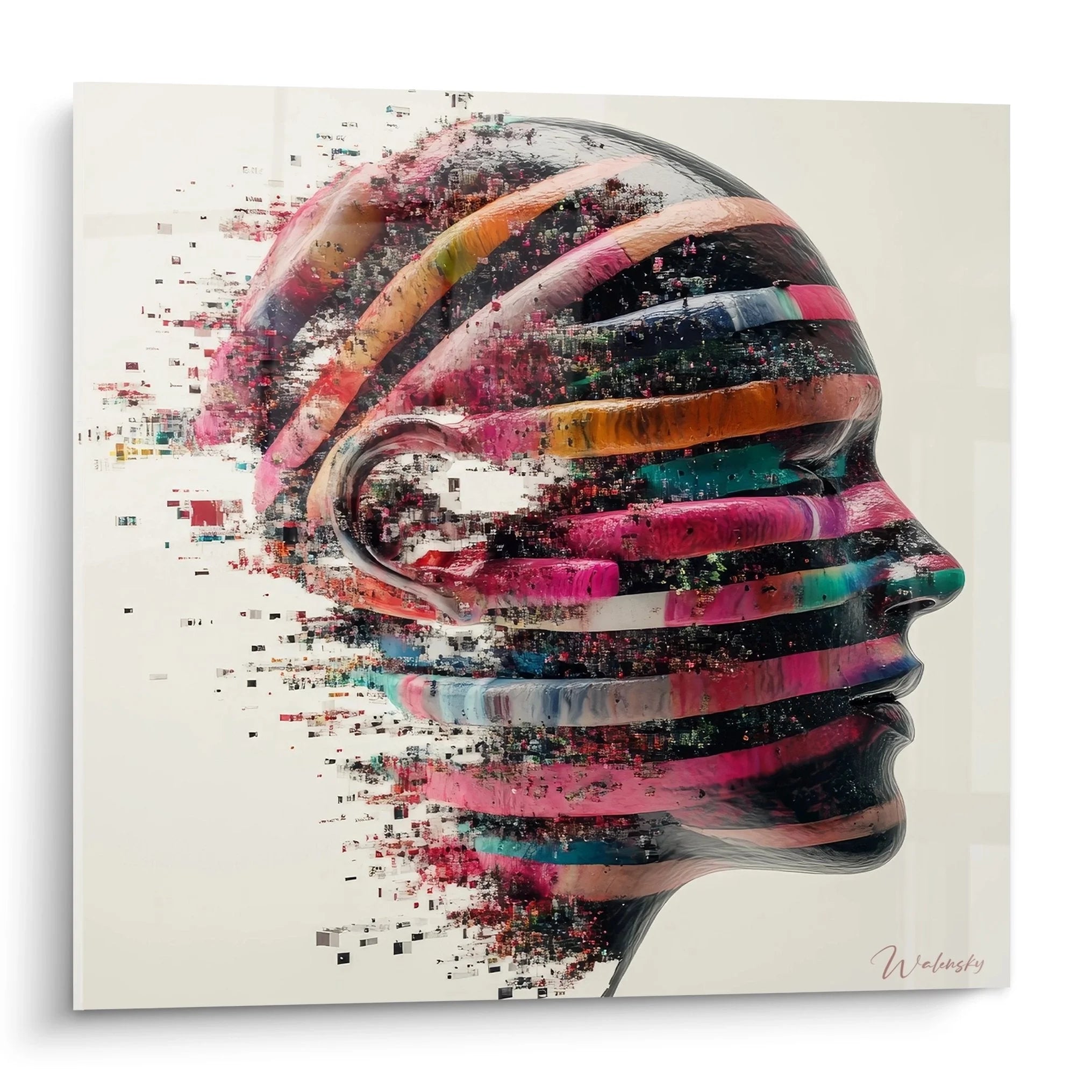 Wandbild digitales Gesicht mit DNA-Spiralen und pixelartiger Auflösung in leuchtenden Farben