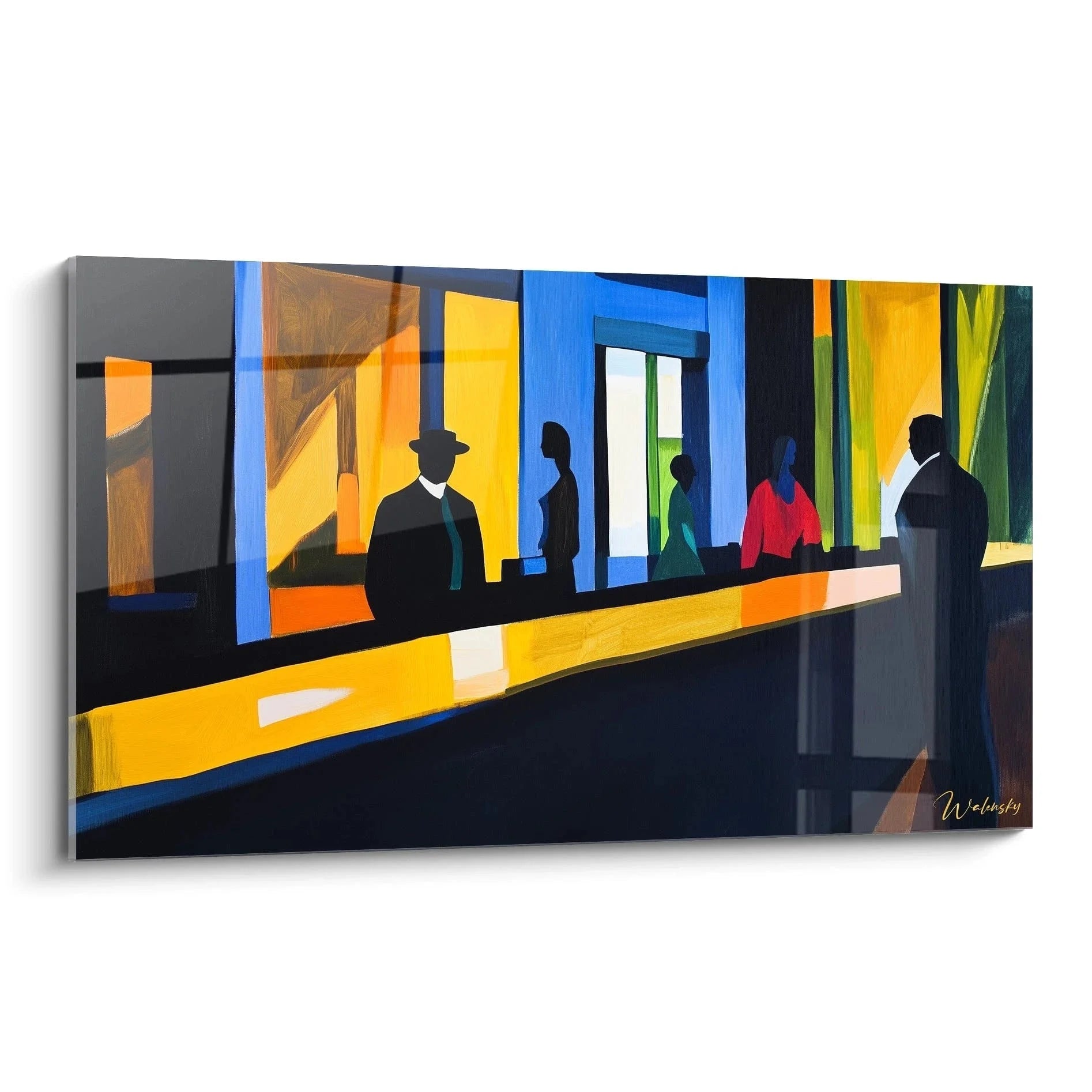 Wandbild Diner Nachtszene Edward Hopper Stil mit gelb-blauen Farben und Silhouetten Menschen