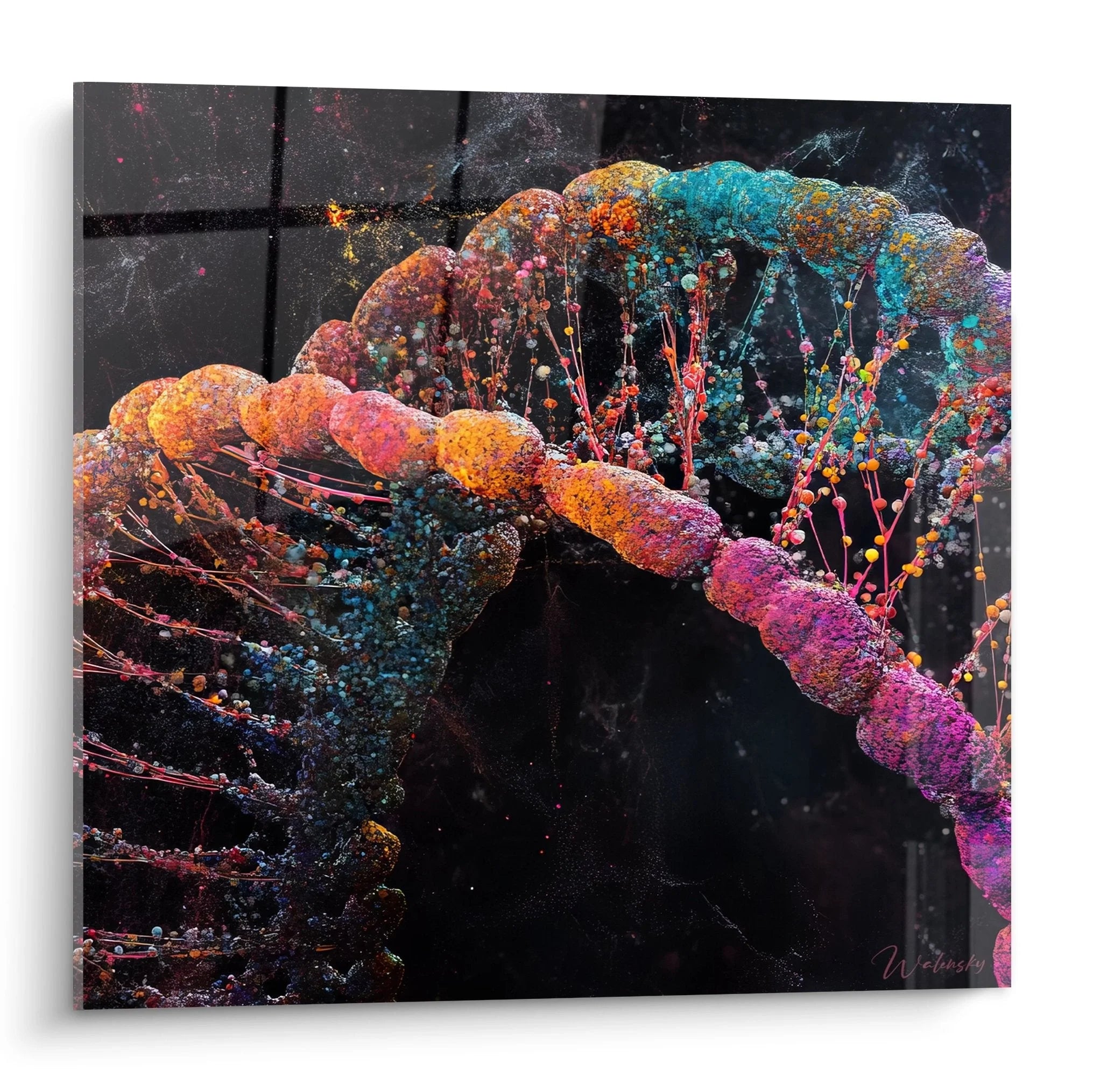 Wandbild DNA Doppelhelix in leuchtenden Neonfarben, molekulare Kunst für moderne Wanddekoration