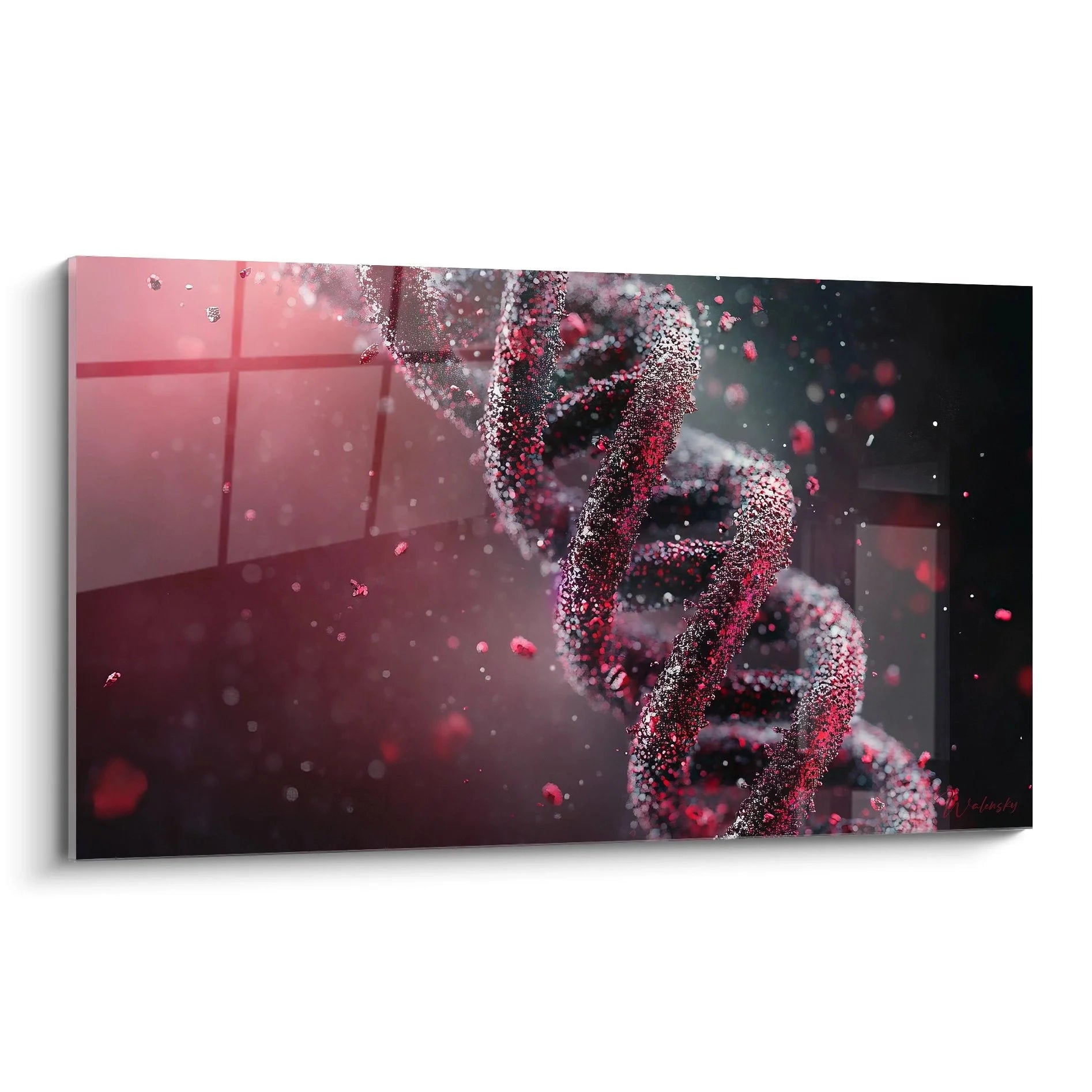 DNA Doppelhelix Wandbild in leuchendem Pink mit glitzernden Partikeln - Moderne Wissenschaftskunst