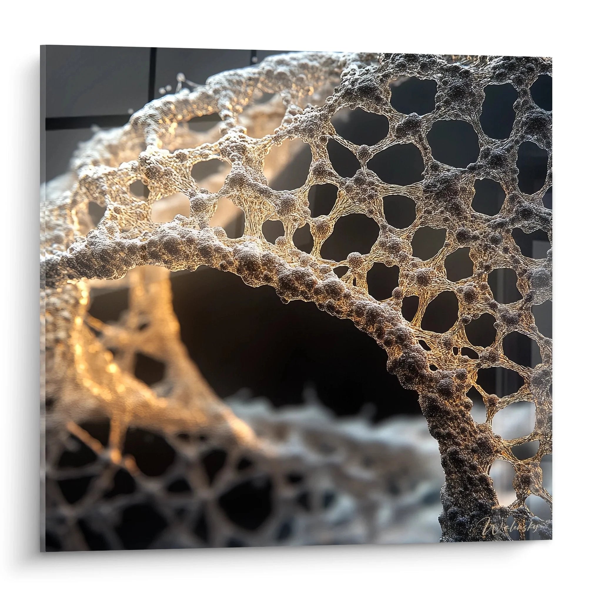 Wandbild DNA Doppelhelix Struktur mit goldener Beleuchtung und poröser Zelloberfläche