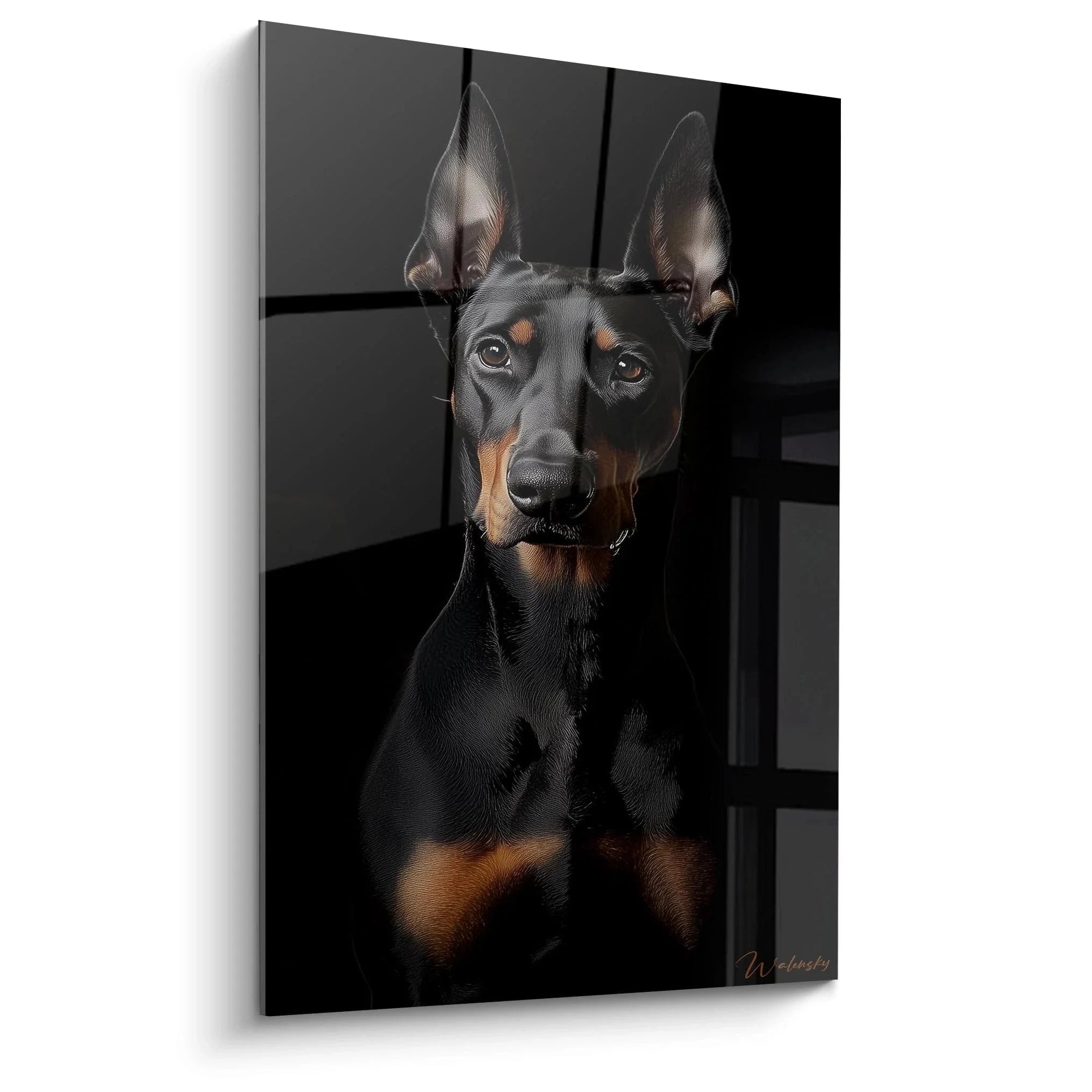 Wandbild Dobermann Porträt in schwarz mit bronzenen Akzenten, elegante Hundekunst für Wohnräume