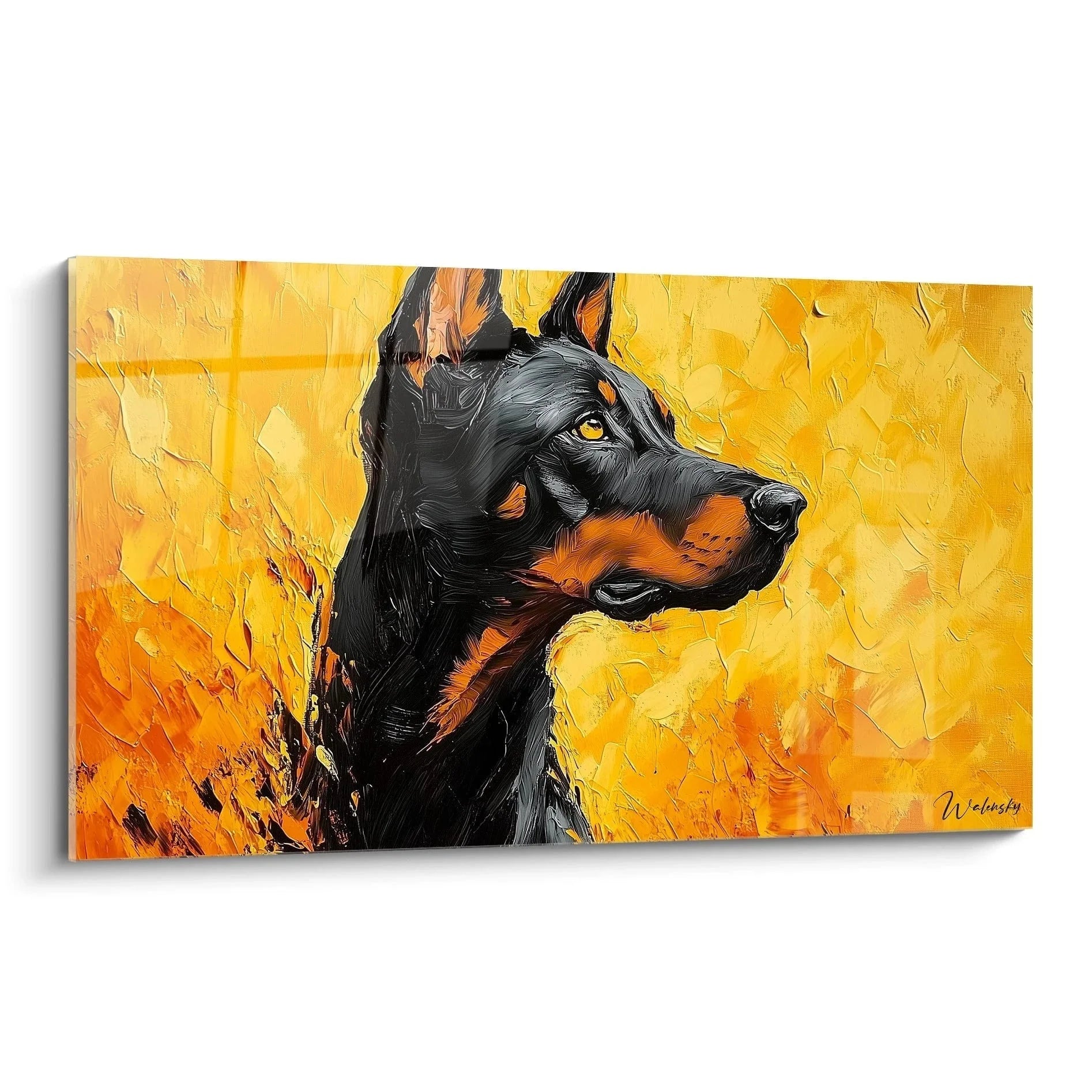 Wandbild Dobermann XXL mit goldenem Hintergrund im expressionistischen Malstil - Edition Hund Hundekunst