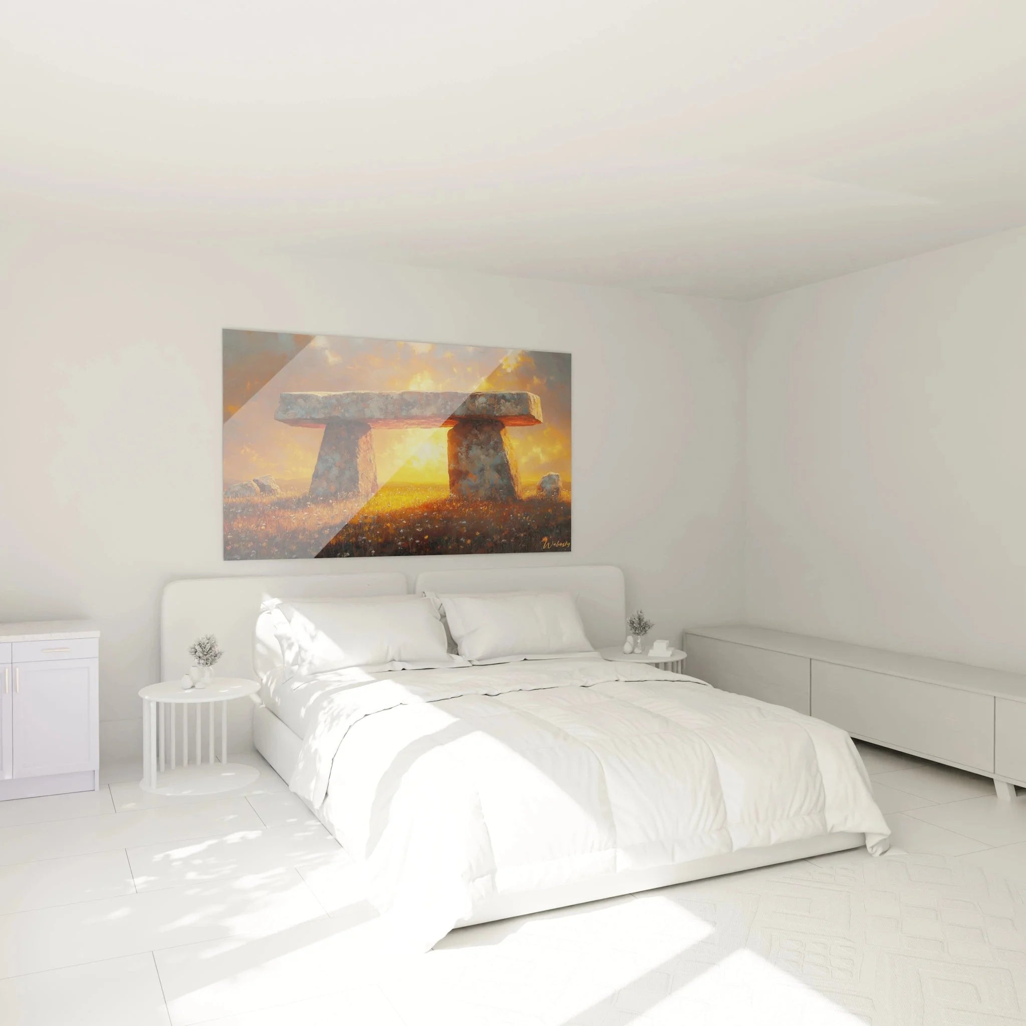 Wandbild Dolmen Sonnenaufgang im Schlafzimmer, spirituelle Wanddekoration mit Steinkreis