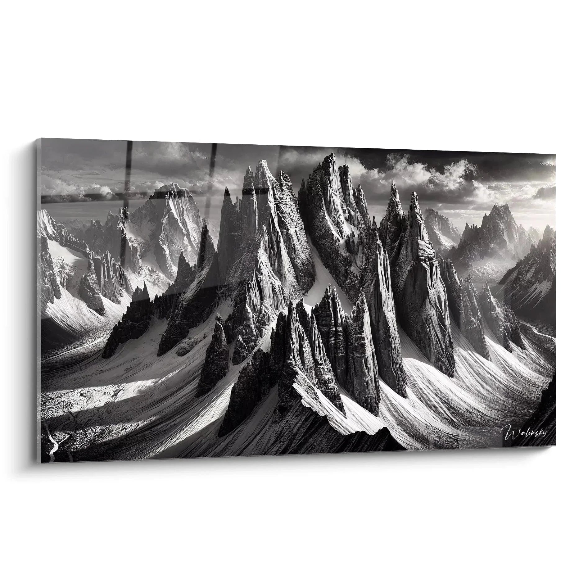 Wandbild Dolomiten Felstürme in dramatischem Schwarzweiß, majestätische Bergspitzen und alpine Landschaft