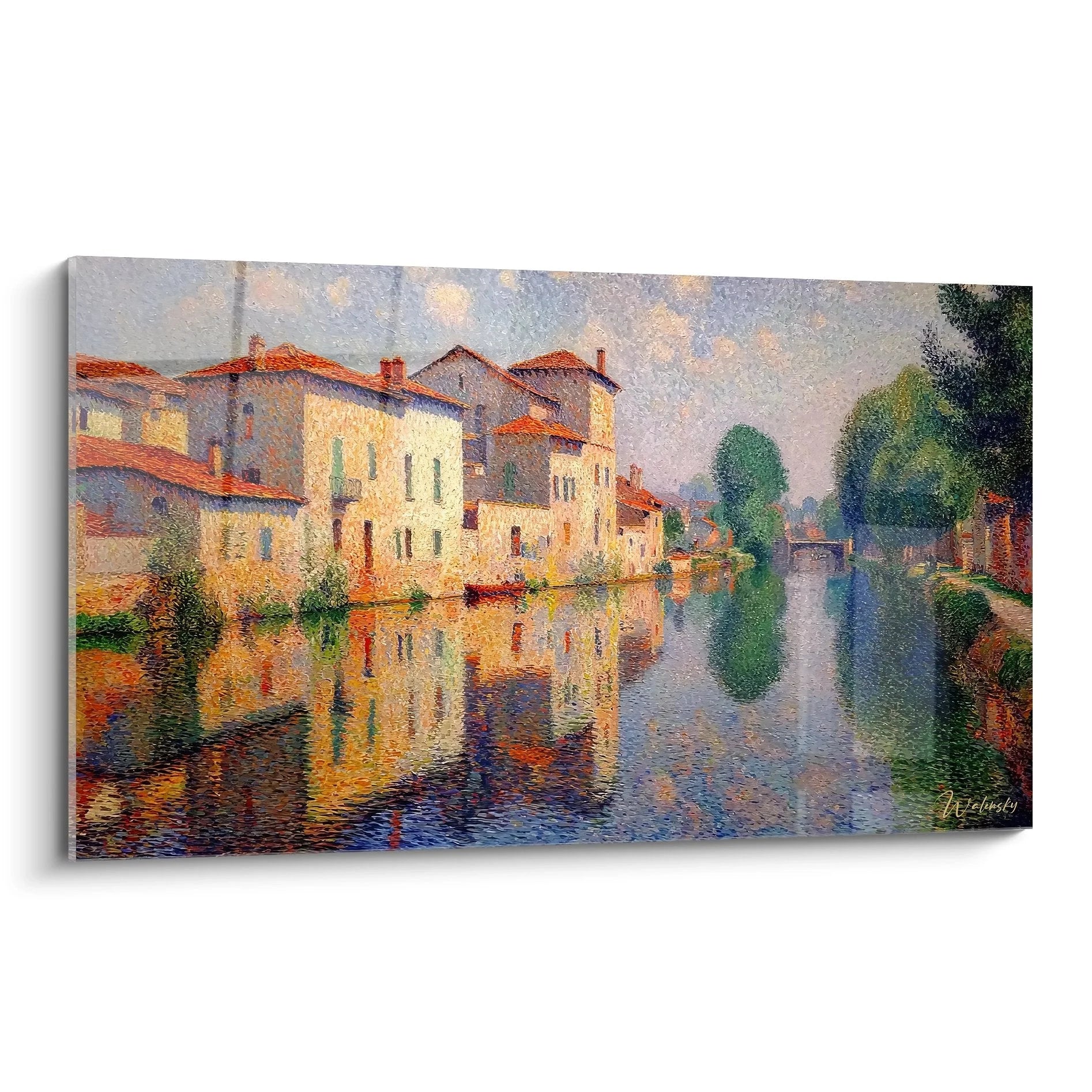 Wandbild Dorfkanal impressionistische Häuser am Wasser mit Spiegelung Kunstdruck Landschaftsmalerei