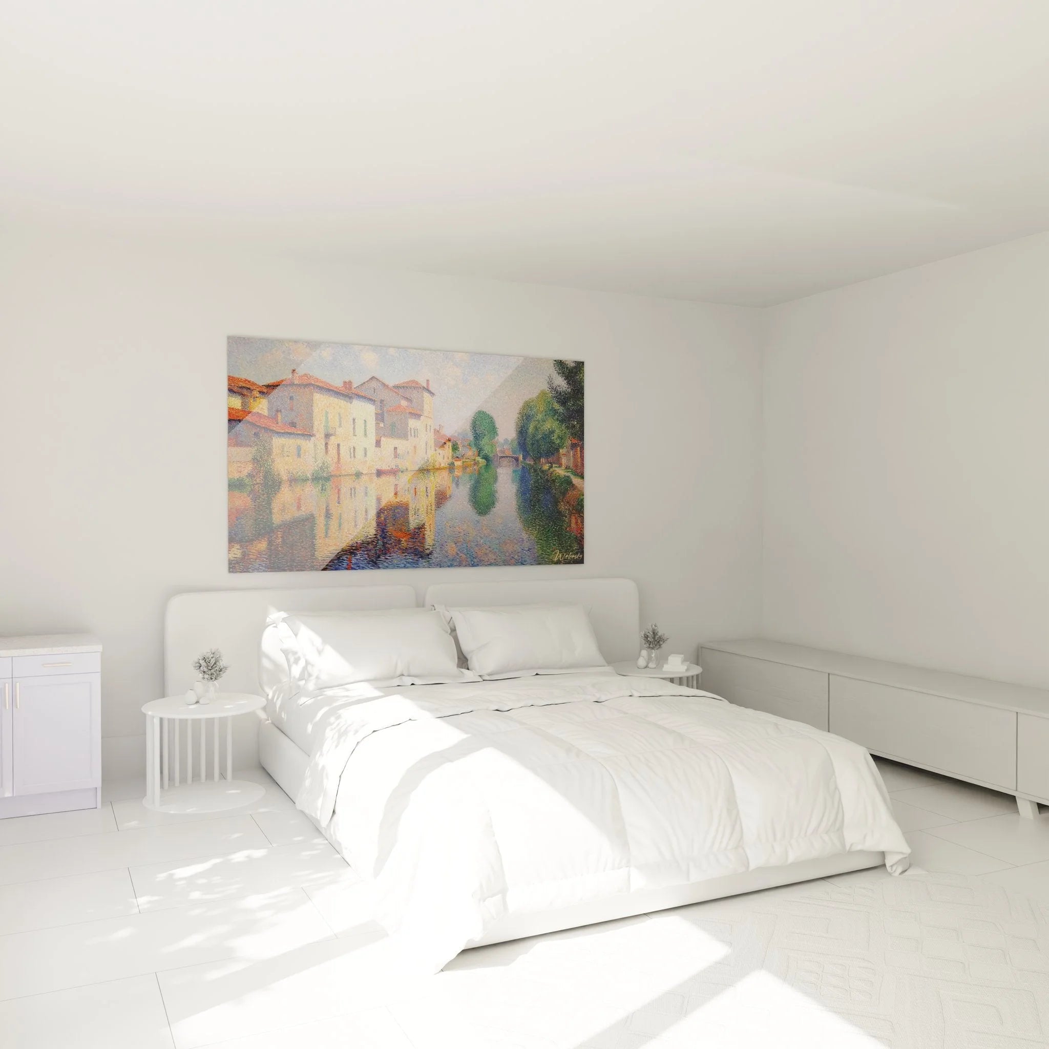 Wandbild Dorfkanal in Schlafzimmer Ambiente impressionistische Häuser Wasserspiegelung Wanddekoration