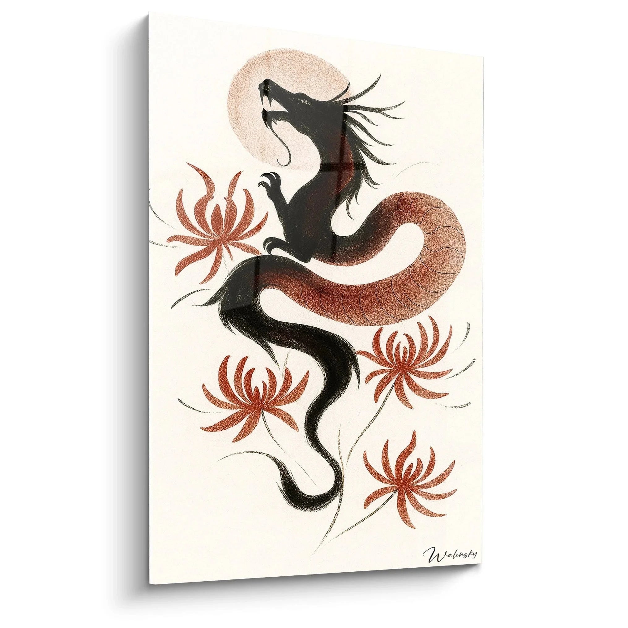 Wandbild chinesischer Drache mit roten Lotusblüten auf cremefarbenem Hintergrund - Edition Chinesisch