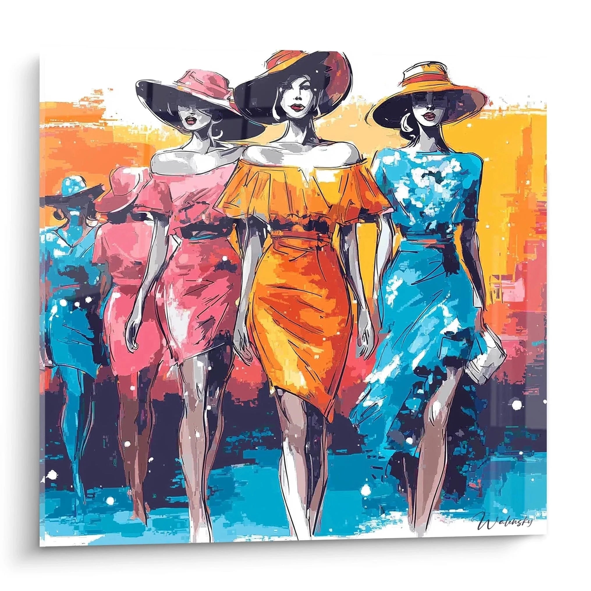 Wandbild drei elegante Damen mit Hüten in rosa, orange und blau - Modeillustration für moderne Wohnräume