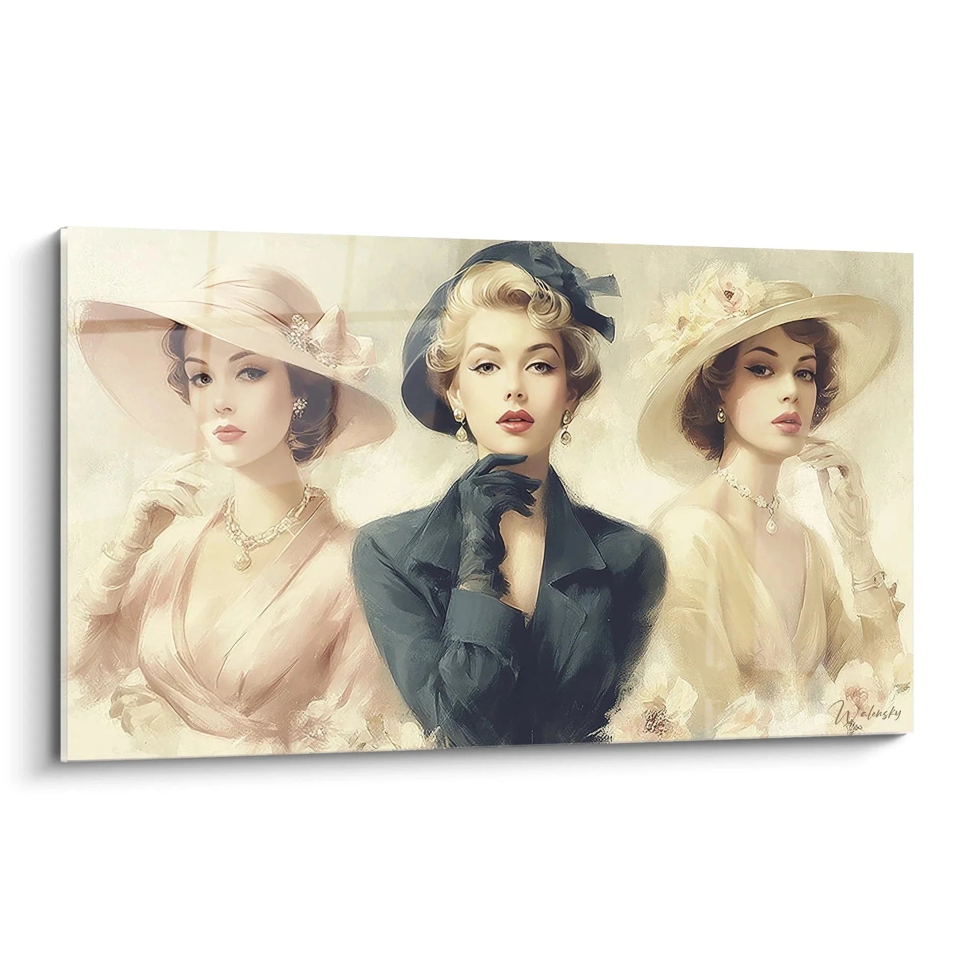 Wandbild drei elegante Damen im Vintage Stil mit Hüten und rotem Lippenstift aus den 50er Jahren