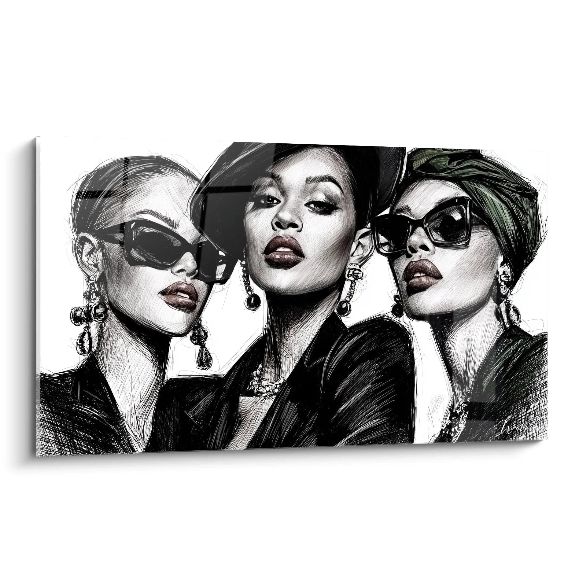 Wandbild drei elegante Frauen mit Sonnenbrillen in schwarz-weiß Modeillustration für moderne Wohnräume