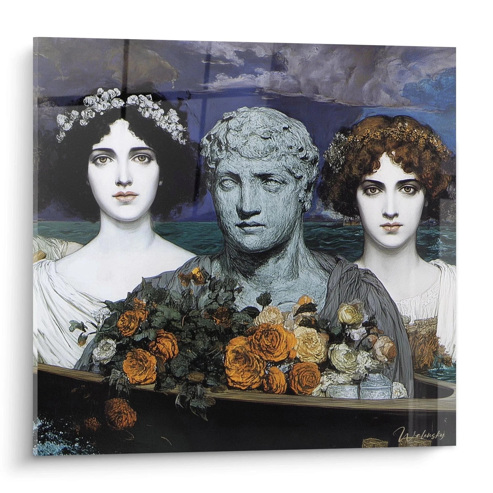 Wandbild drei Figuren präraffelitisch mit Blumen und antikem Hintergrund Edition Präraffaelismus