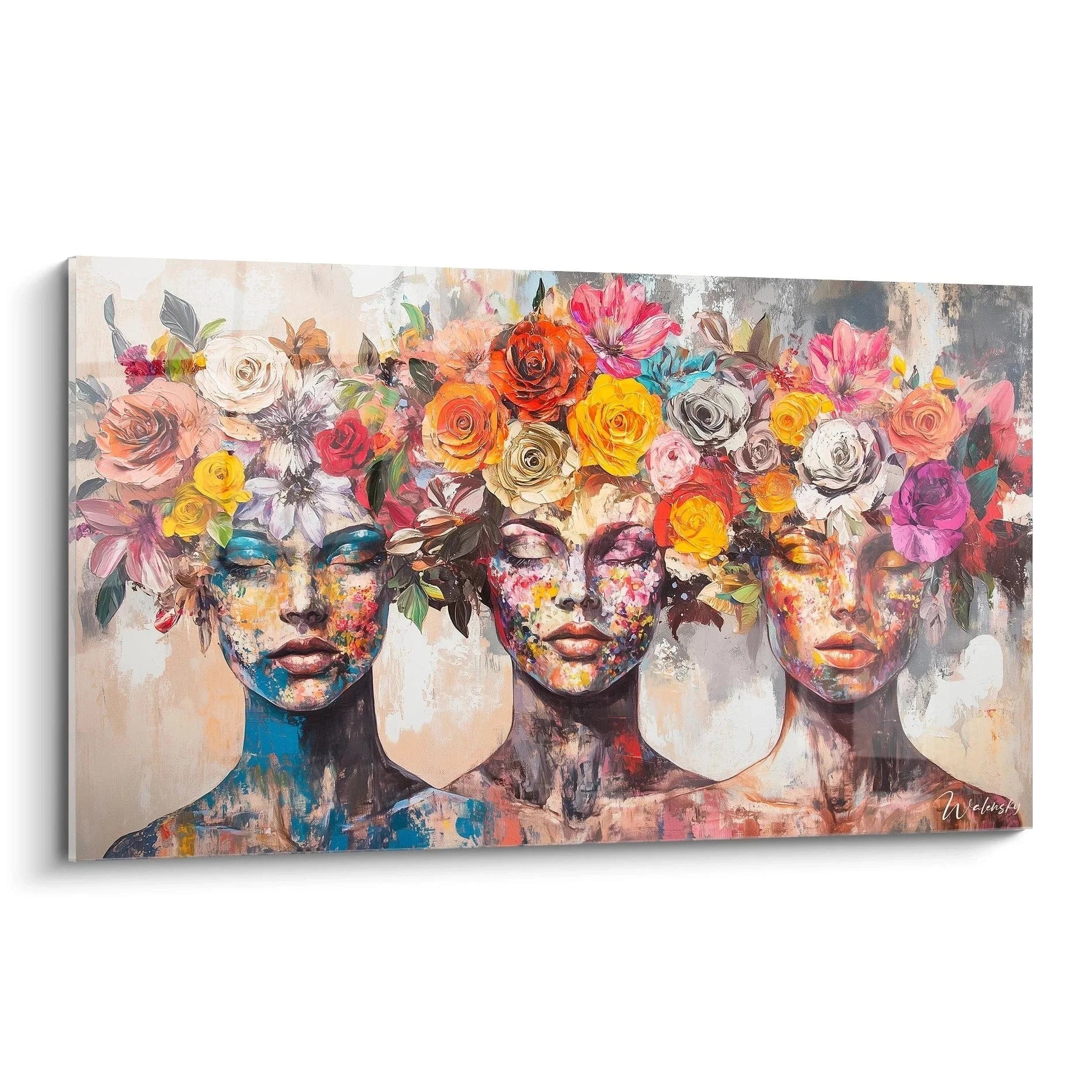 Wandbild drei Frauen mit Blütenhaar figurativ abstrakt Edition bunte Blumen Porträt Kunst