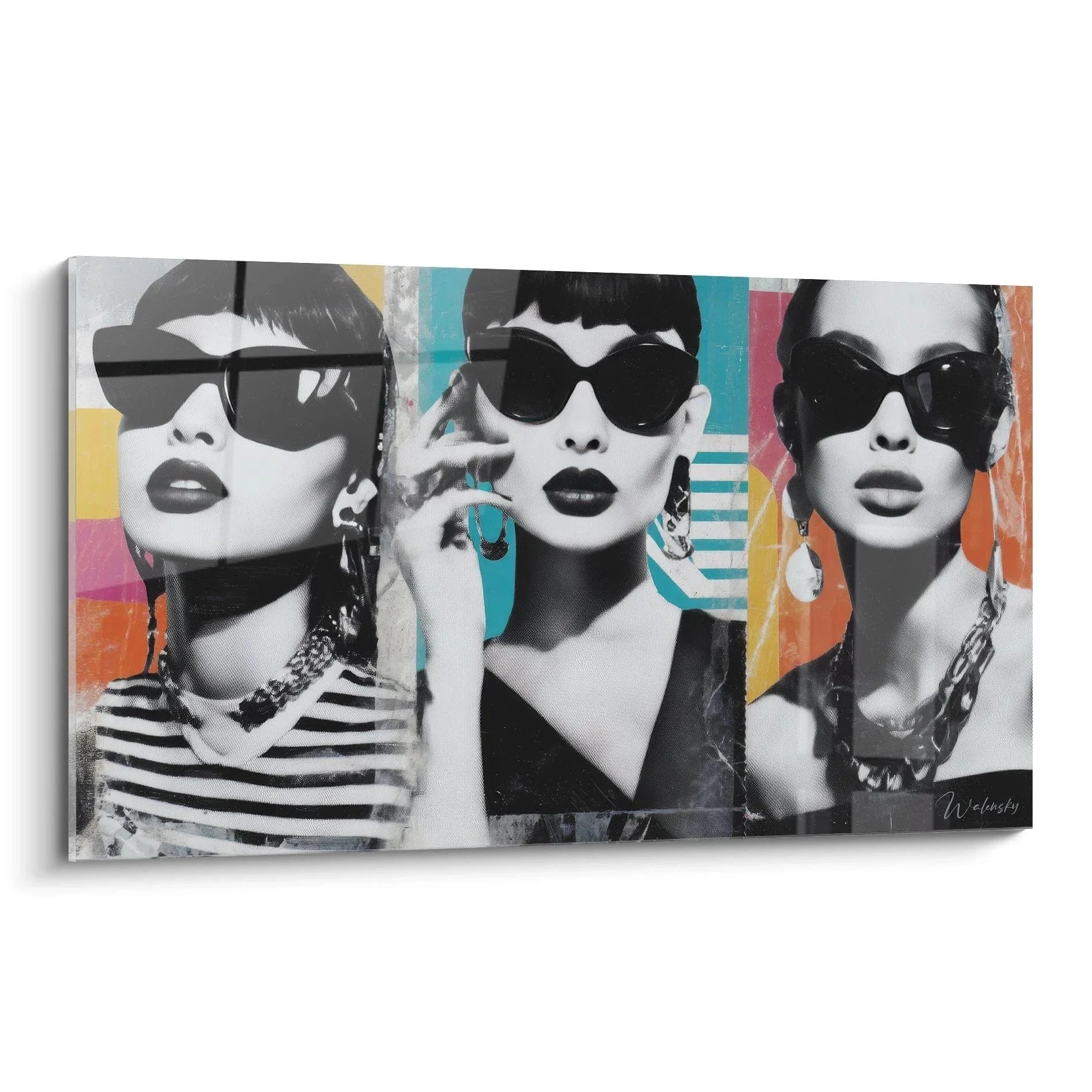 Wandbild drei elegante Frauen mit Sonnenbrillen im Vintage Mode Stil, Pop-Art Triptychon mit bunten Akzenten