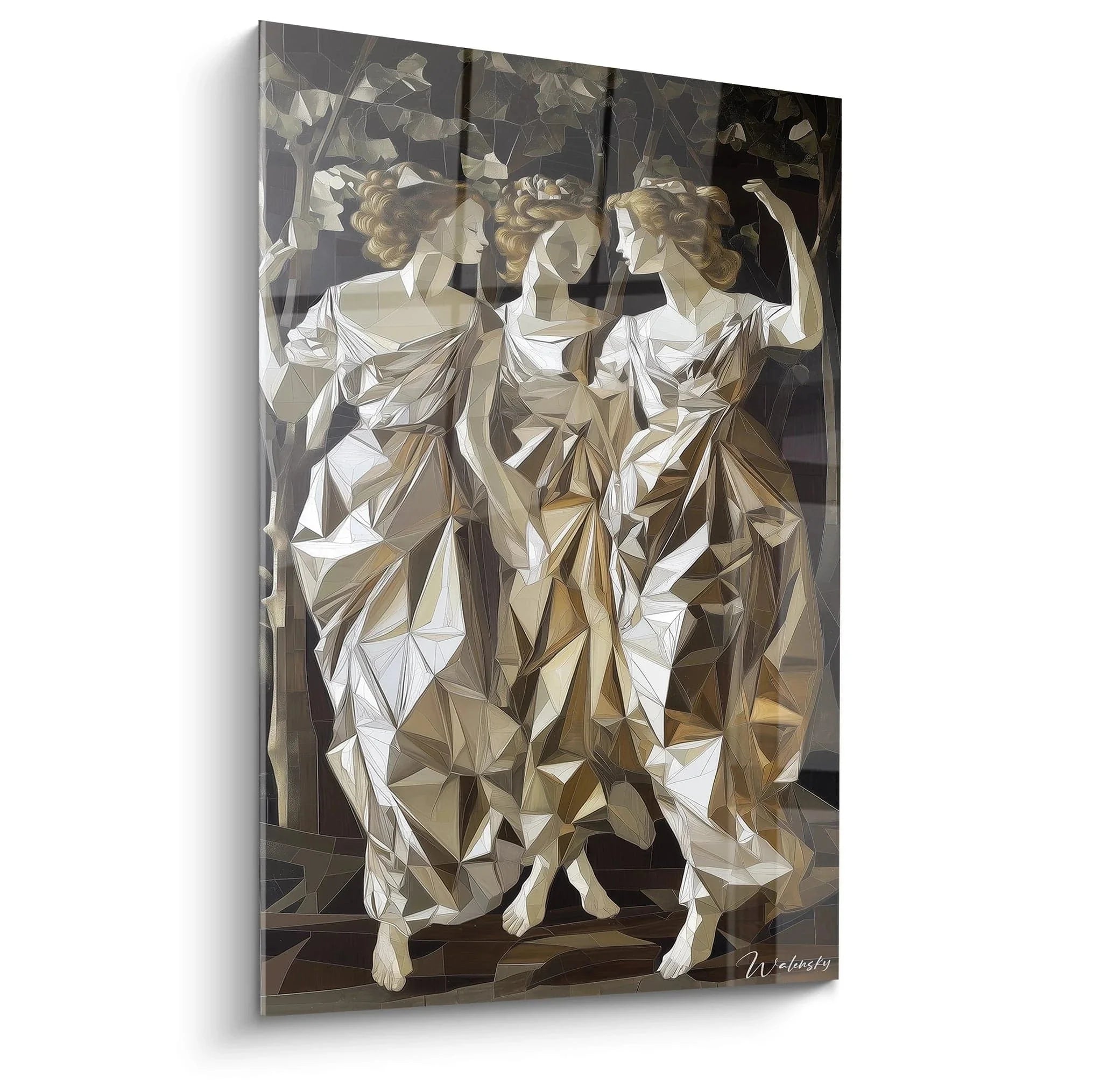 Wandbild Drei Grazien in polygonaler Kunstform, moderne Renaissance Interpretation Botticelli Stil