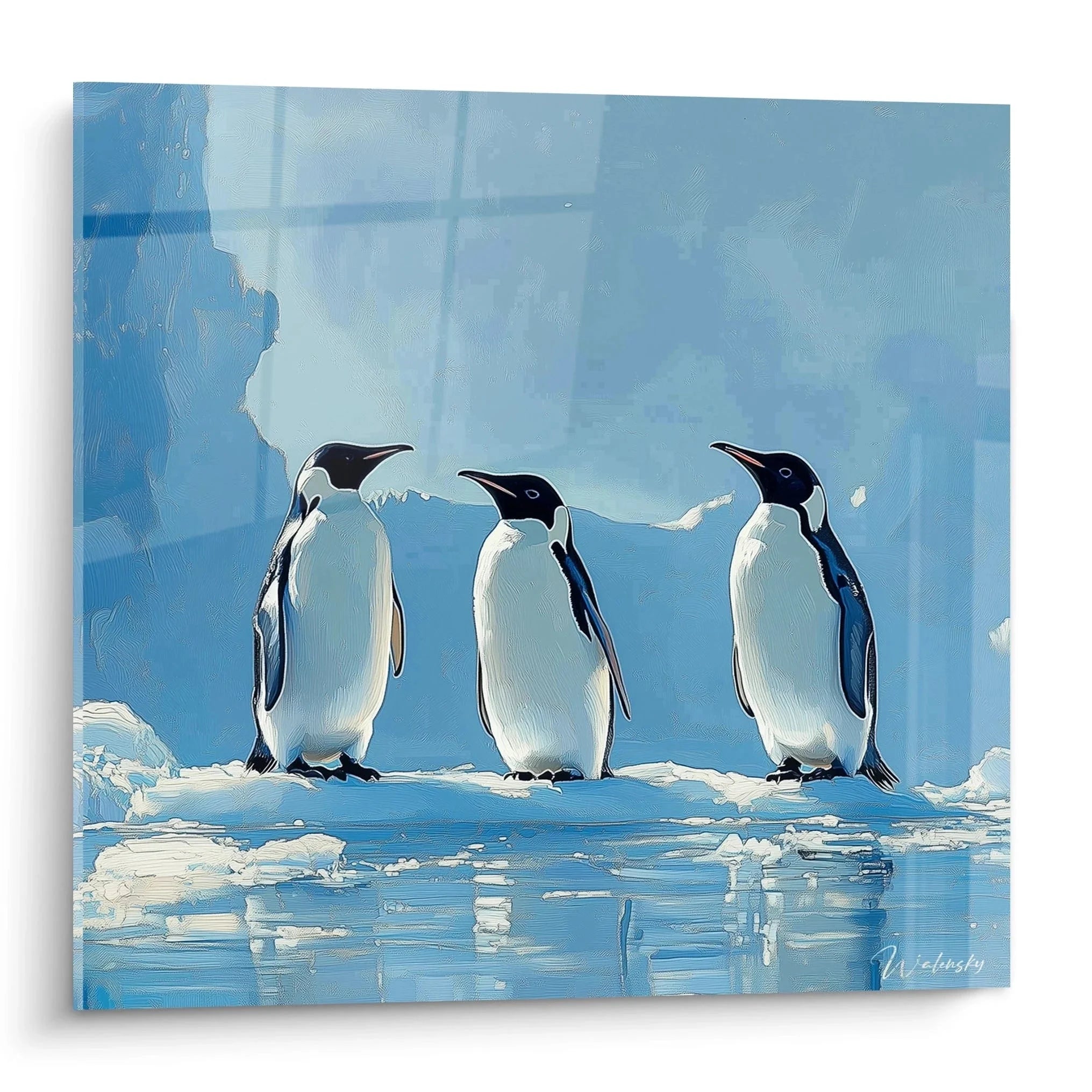 Wandbild drei Pinguine auf Eisscholle in der Antarktis mit Spiegelung im Wasser - Edition Pinguin Kunstdruck