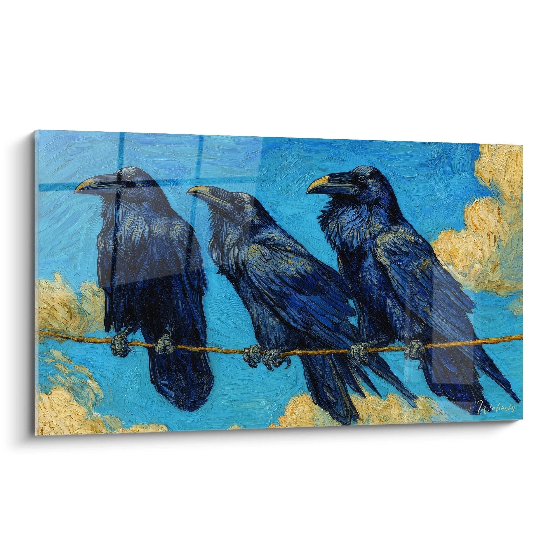 Wandbild drei schwarze Raben auf goldenem Ast vor blauem Himmel im Van Gogh Stil - Edition Rabe Kunstdruck