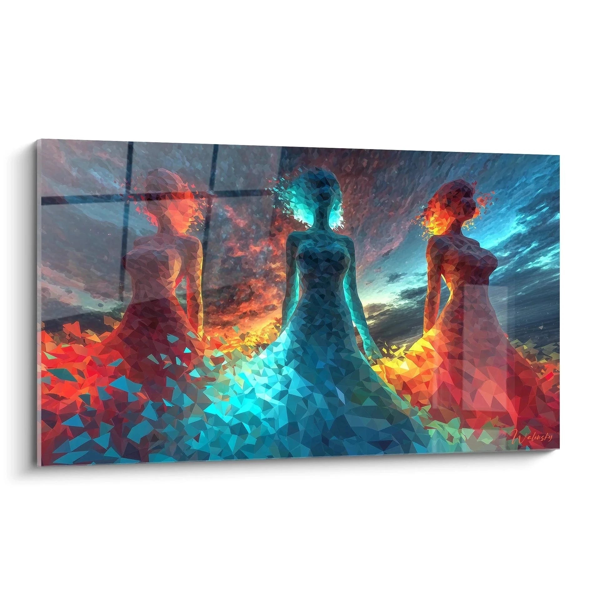 Wandbild drei Tänzerinnen polygonal Haute Couture Edition mit geometrischen Fragmenten in Rot Türkis Gelb