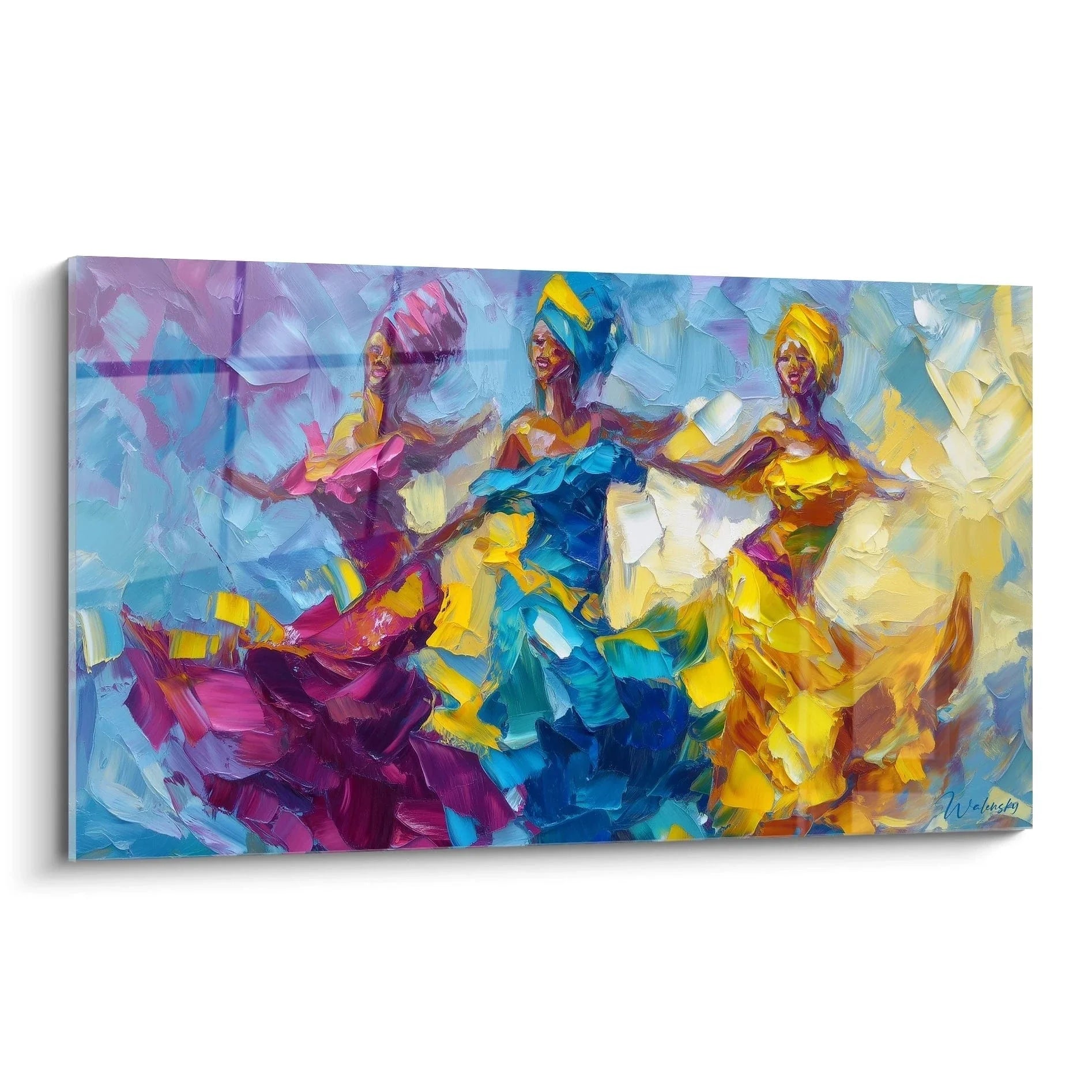 Wandbild drei tanzende afrikanische Frauen in bunten Gewändern mit Kopftüchern, expressiver Malstil