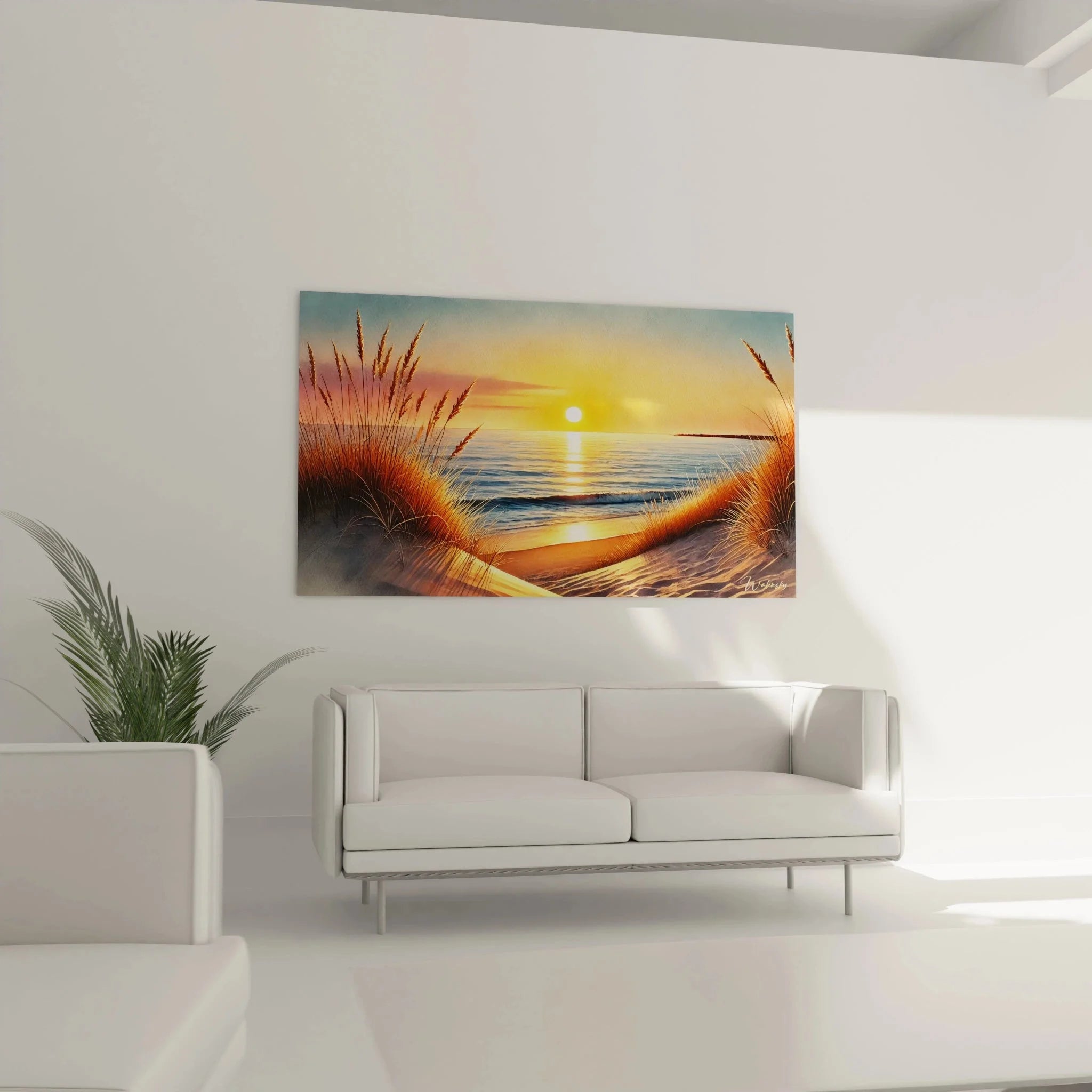 Detailansicht Wandbild Dünen mit Strandgras bei Sonnenuntergang in goldenen Farbtönen