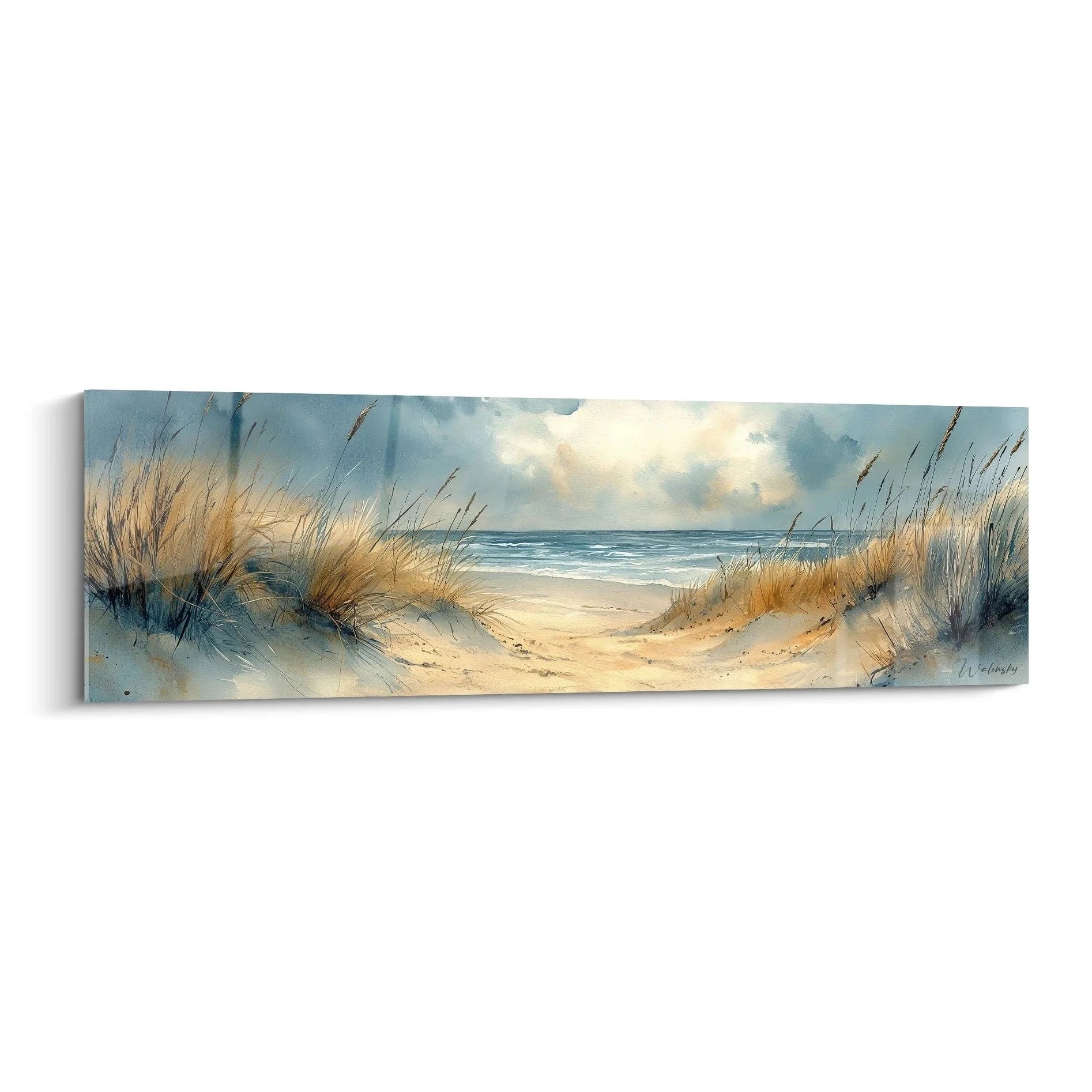 Wandbild Dünenlandschaft Nordsee mit Strandhafer und Meerespanorama in warmen Erdtönen