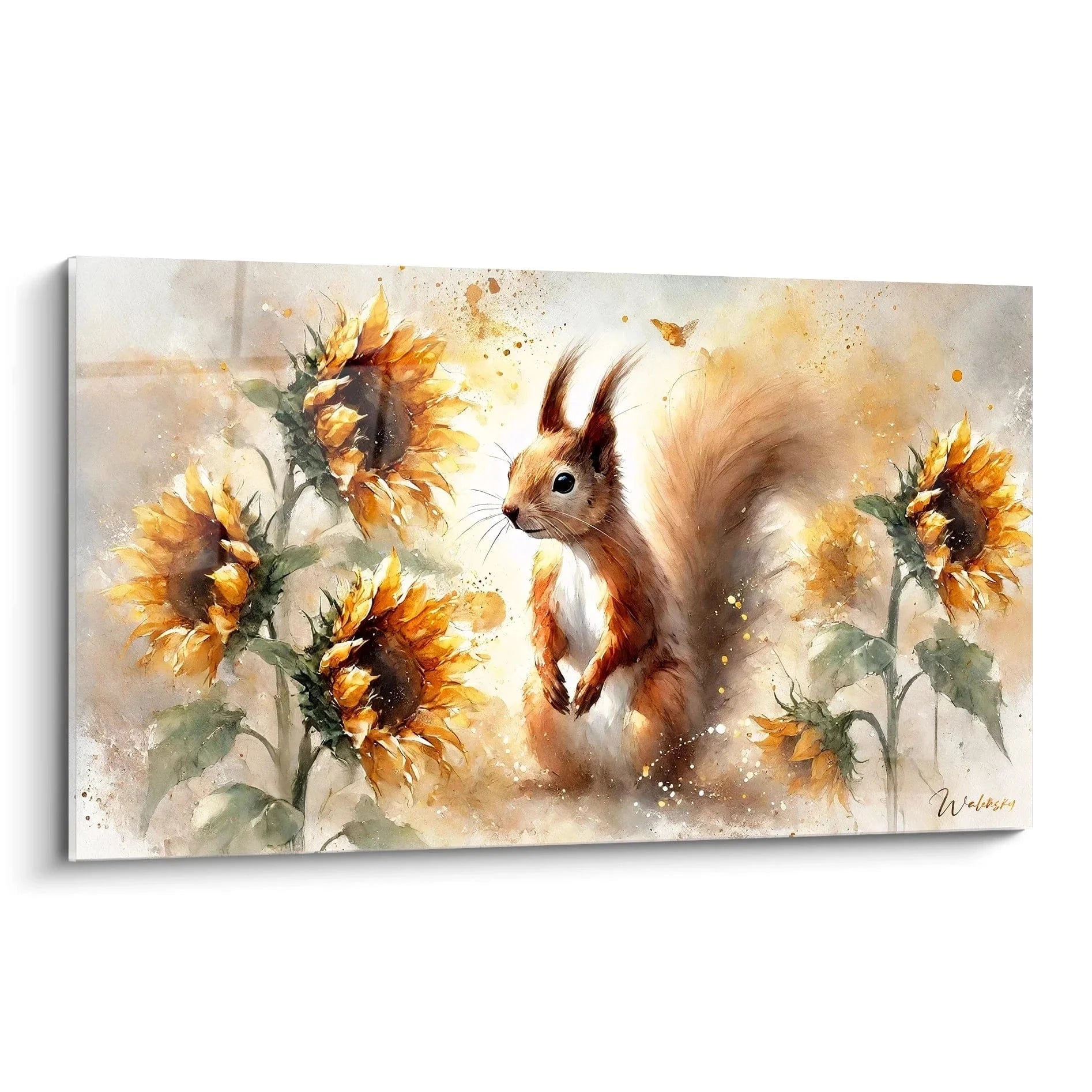 Wandbild Eichhörnchen mit Sonnenblumen im Aquarell-Stil, warme Farbtöne, Naturkunst Leinwanddruck