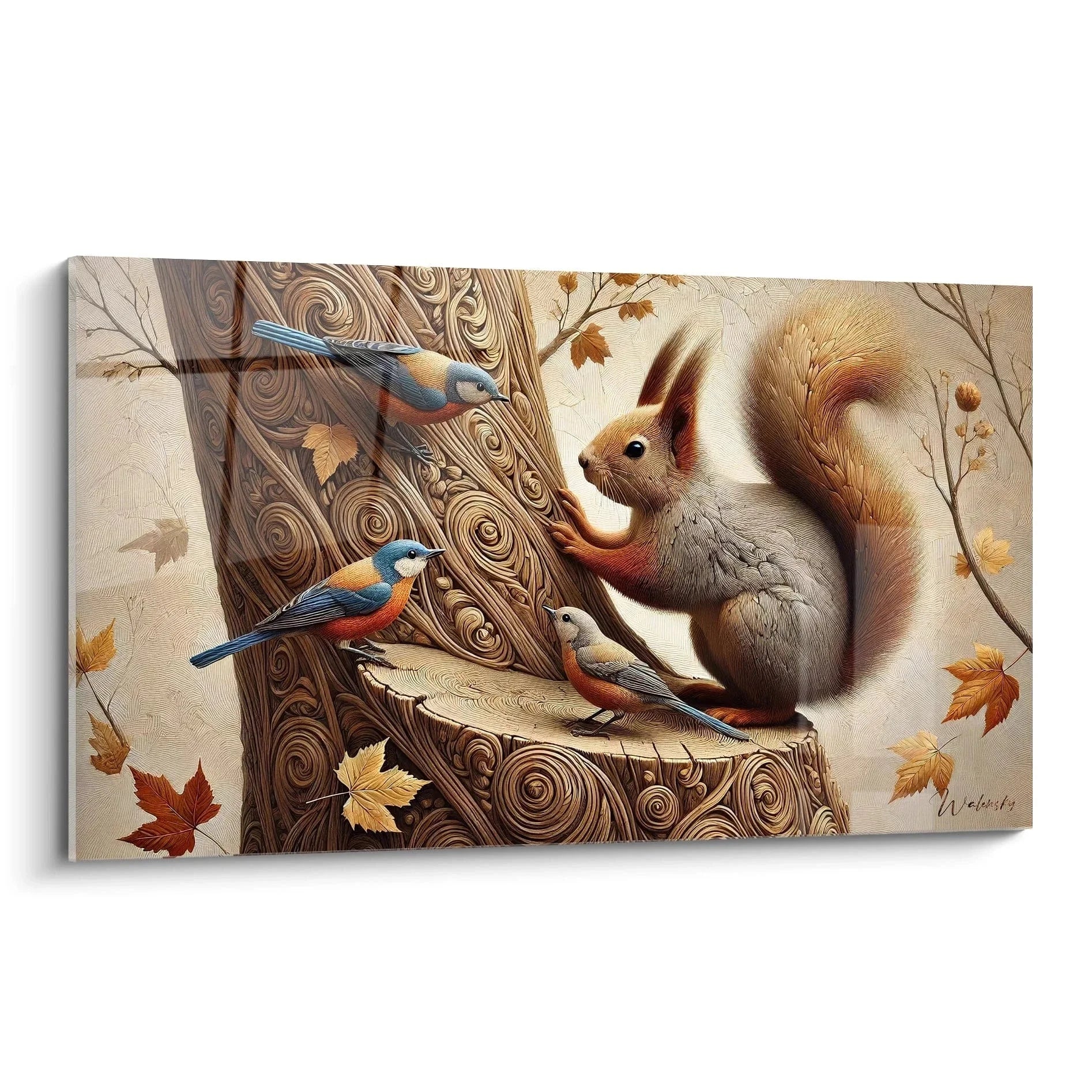 Wandbild Eichhörnchen mit bunten Vögeln auf Baumstamm, herbstliche Waldszene mit fallenden Blättern