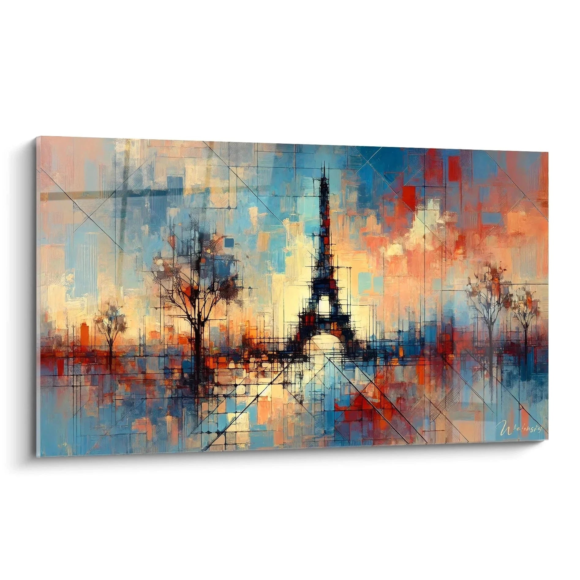 Abstraktes Wandbild Eiffelturm mit geometrischen Formen in Orange und Blau - Paris Kunstdruck