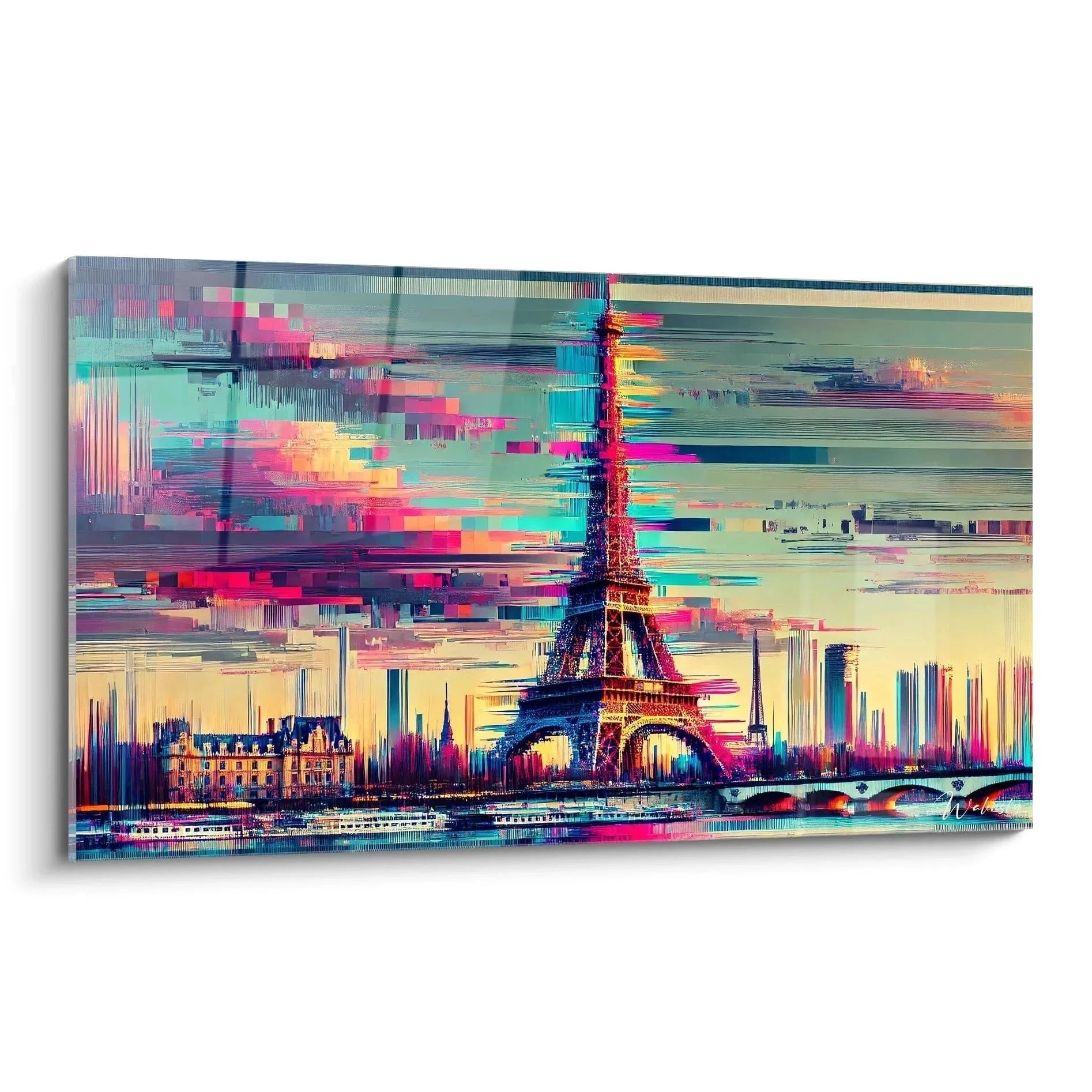 Wandbild Eiffelturm Glitch Art mit bunten digitalen Effekten und modernen Farbverläufen