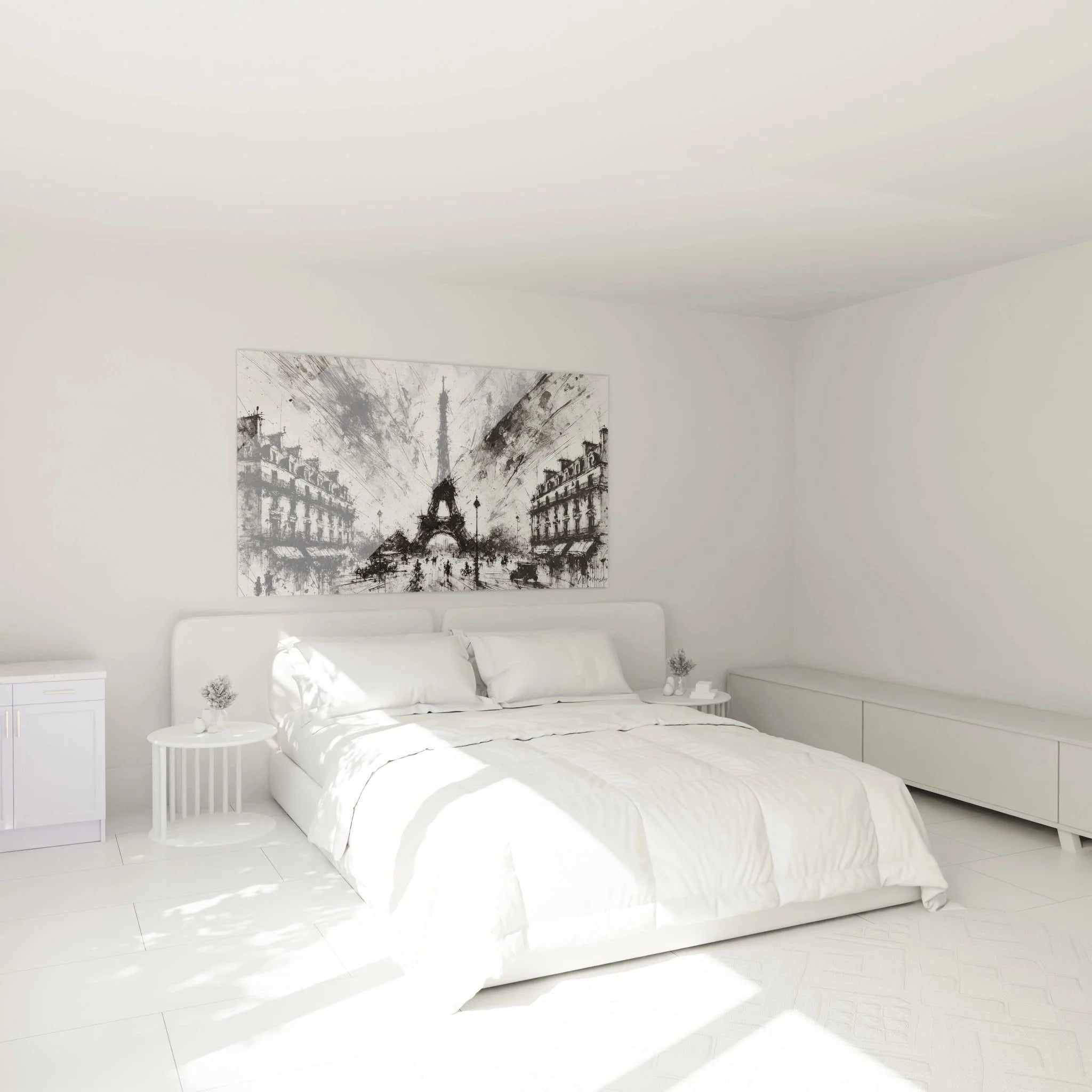 Wandbild Eiffelturm Paris in Schlafzimmer-Ambiente, schwarz-weiße Wanddekoration über dem Bett