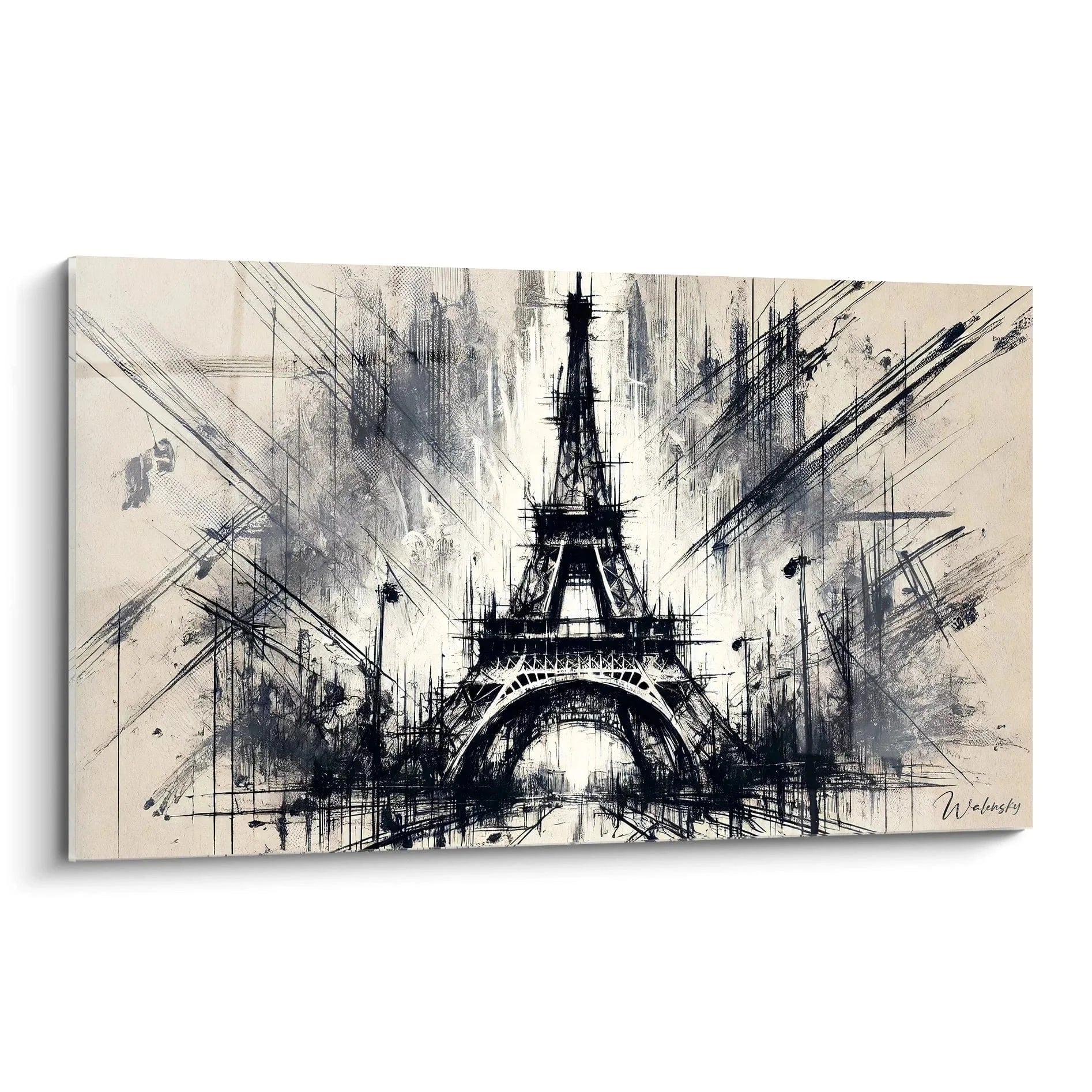 Wandbild Eiffelturm Skizze in schwarz-weiß mit abstrakten Elementen und Architekturlinien