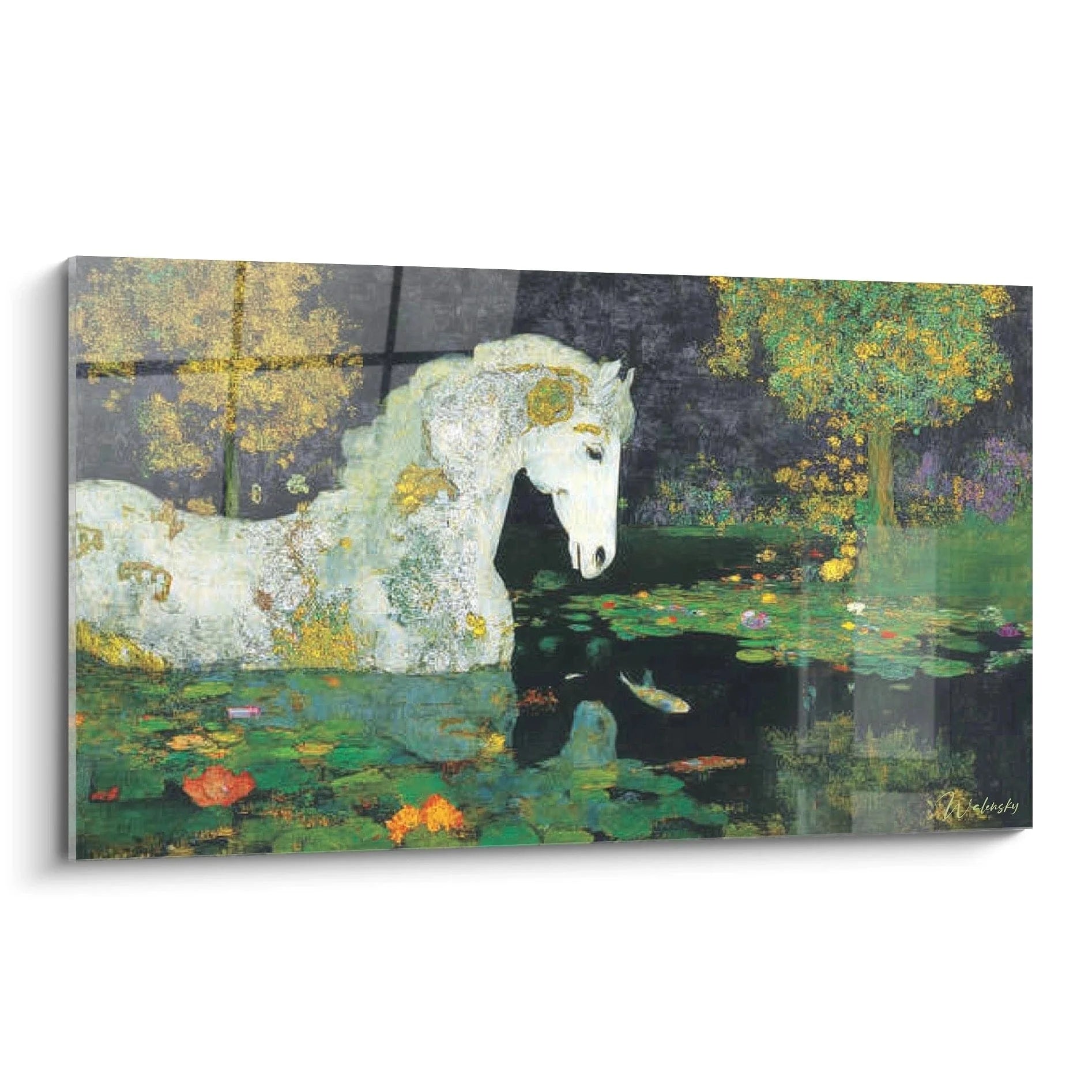 Wandbild Einhorn mystisch am Wasser mit goldenen Herbstbäumen und Blüten - symbolistische Wandkunst