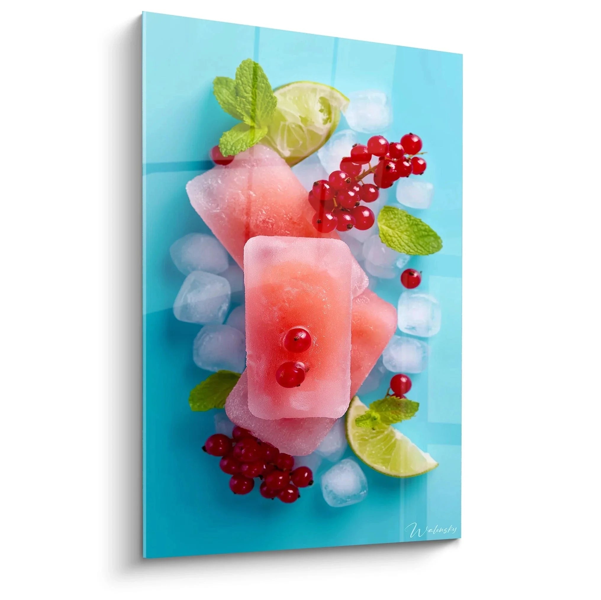 Wandbild Eis am Stiel rosa mit roten Beeren Minze Limette auf türkisem Hintergrund Edition Sommer