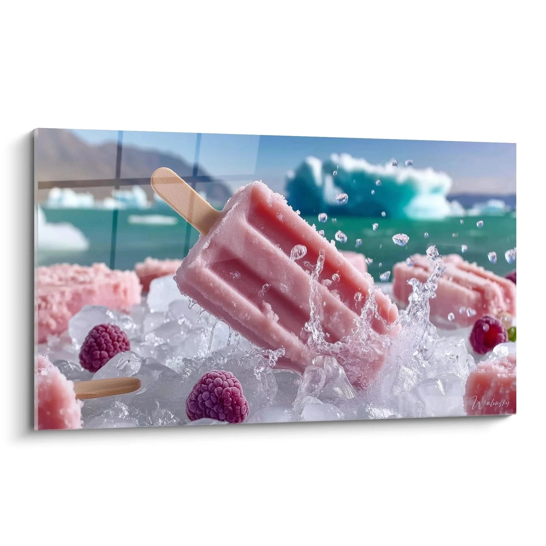 Rosa Eis am Stiel Wandbild mit Wassertropfen und Himbeeren für sommerliche Küchendeko