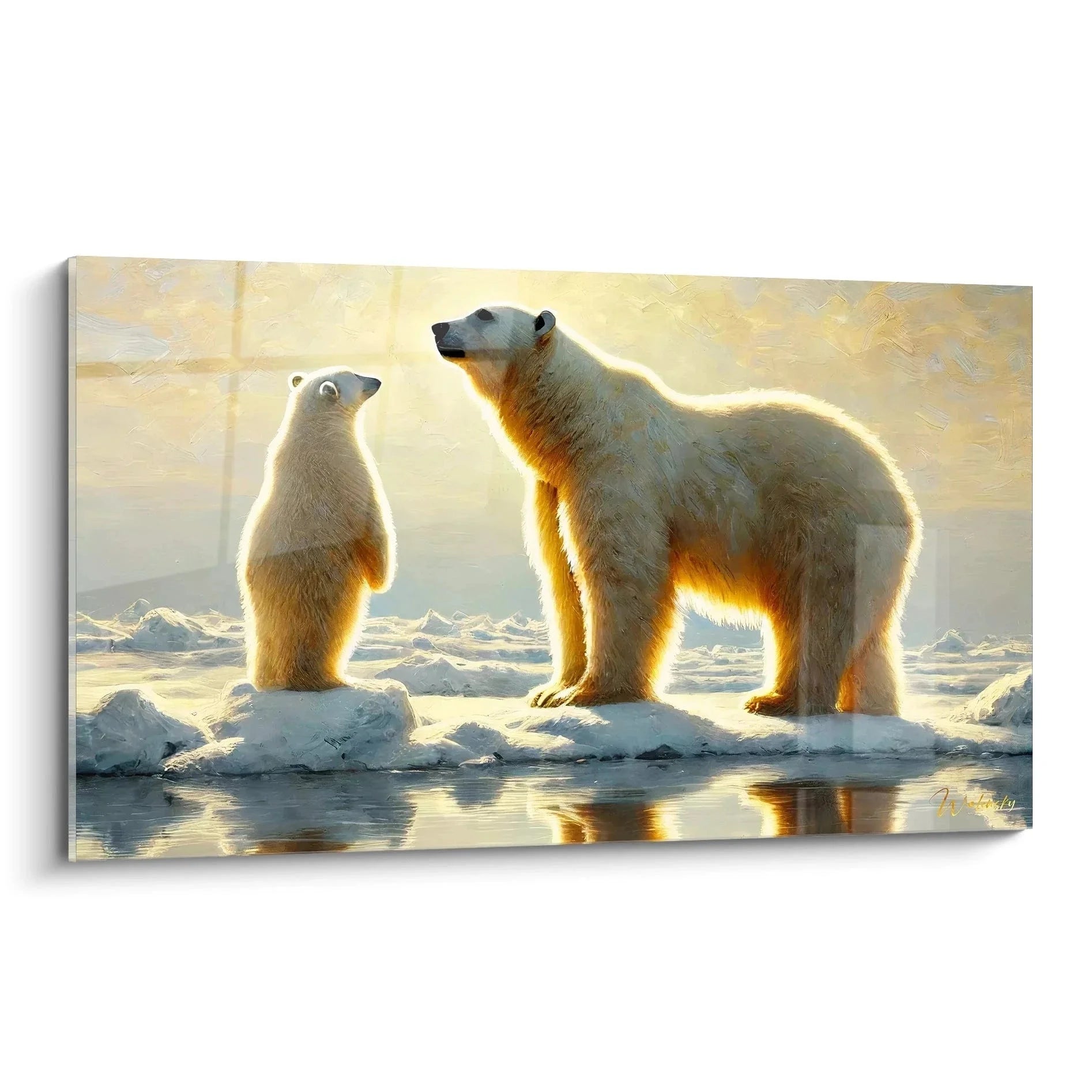 Wandbild Eisbär Familie auf Eisscholle im goldenen Licht der Arktis - Edition Eisbär