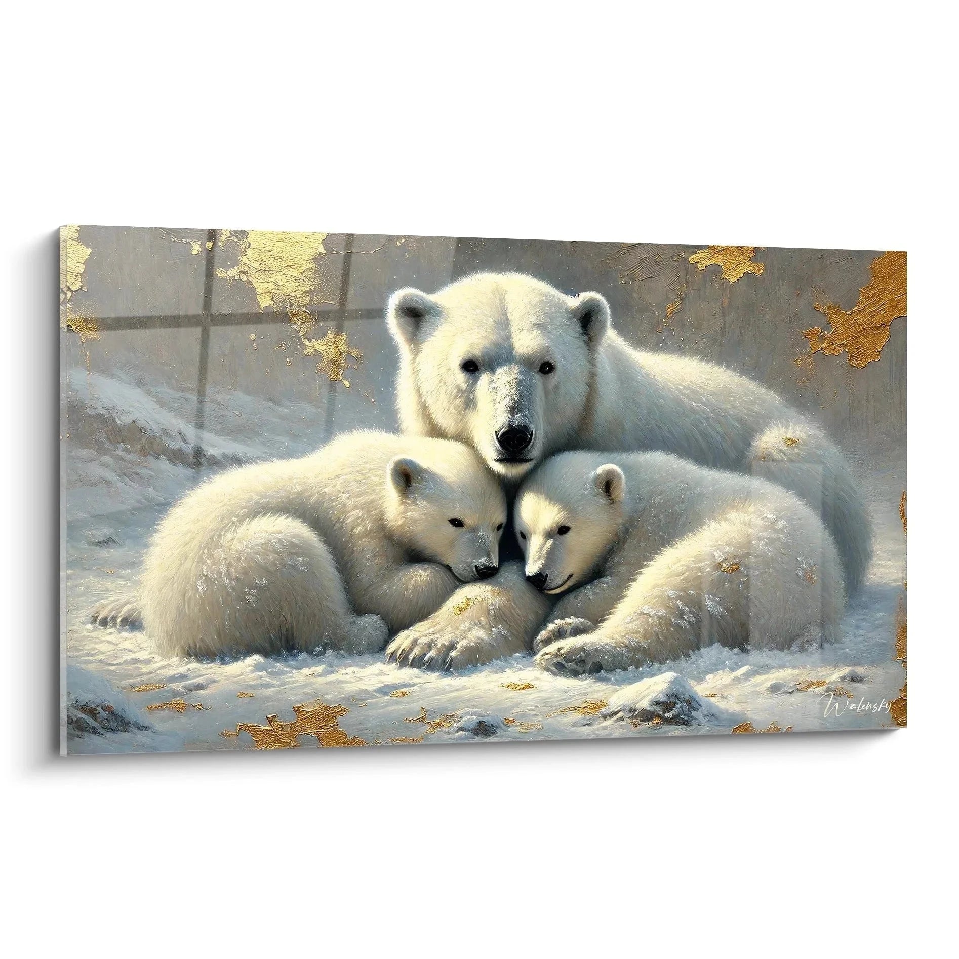 Wandbild Eisbär Familie mit Mutter und zwei Jungen im Schnee, Premium Leinwanddruck XXL