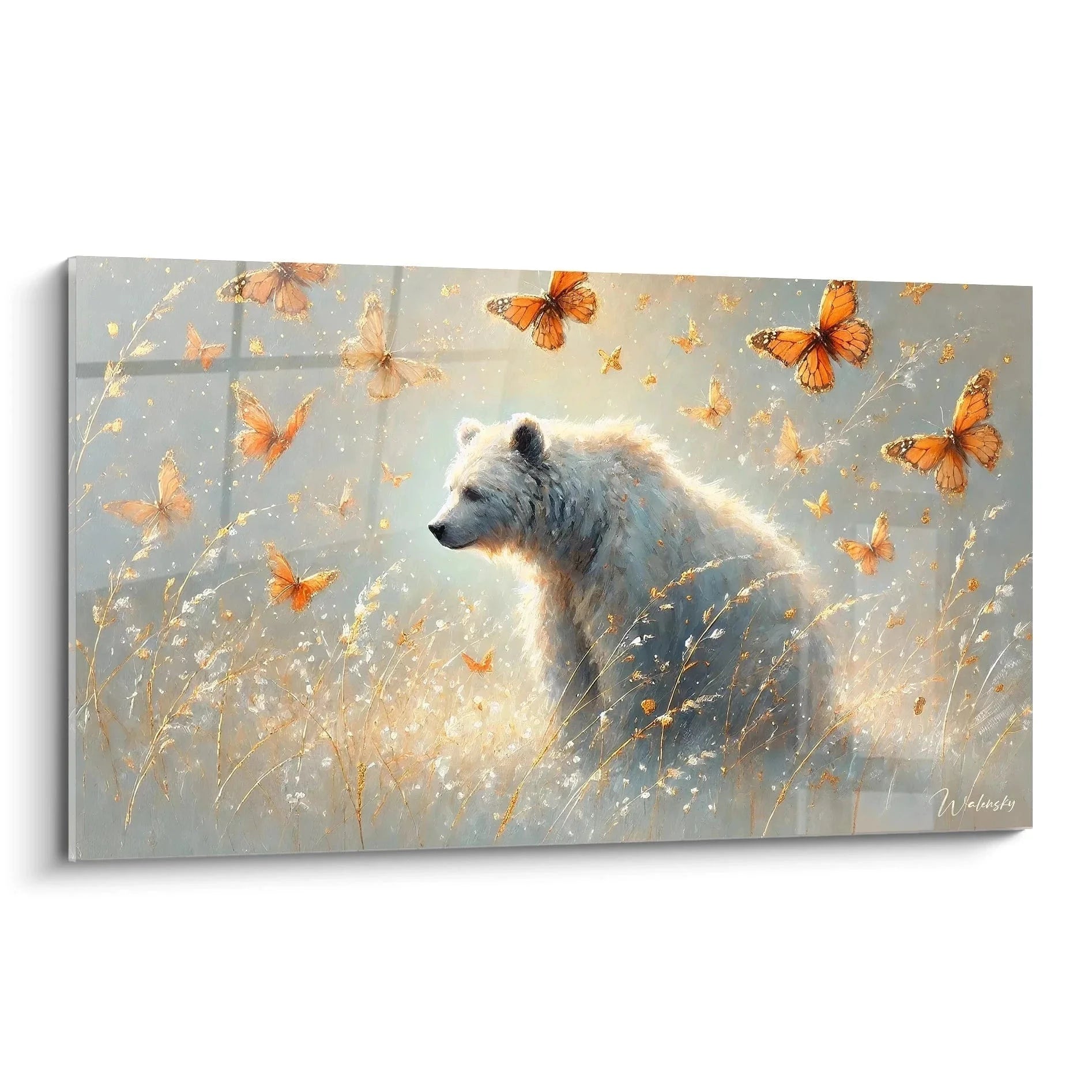 Wandbild Eisbär mit orangenen Schmetterlingen in traumhafter Naturszene - Edition Eisbär Kunstdruck