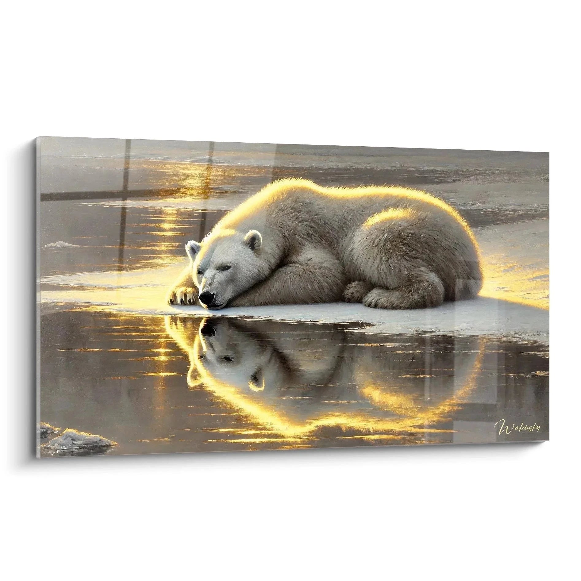 Wandbild Eisbär schlafend auf Eisscholle mit goldener Reflexion im Wasser - Edition Eisbär Wandkunst