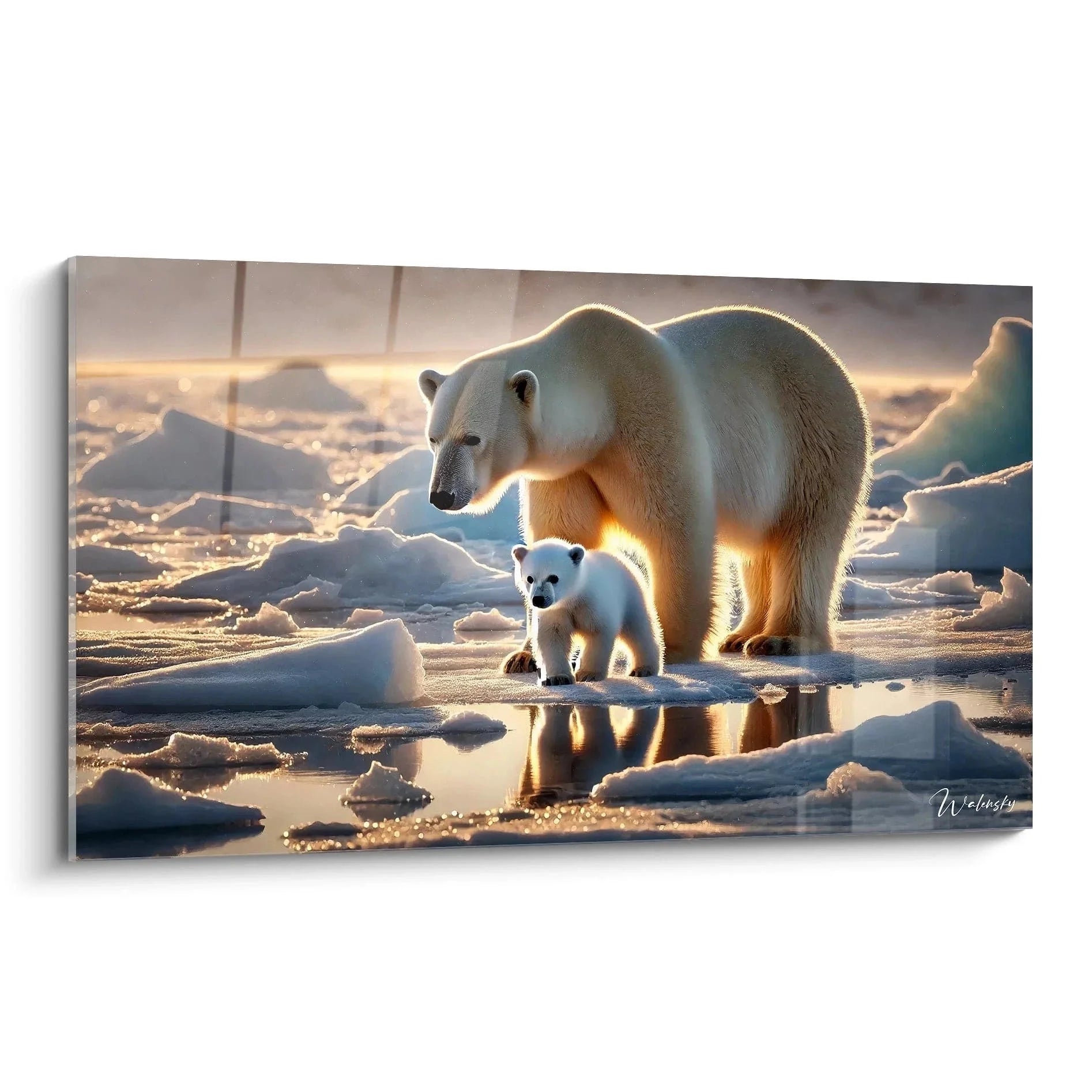 Wandbild Eisbärenmutter mit Jungtier bei Sonnenuntergang auf Eisscholle in der Arktis