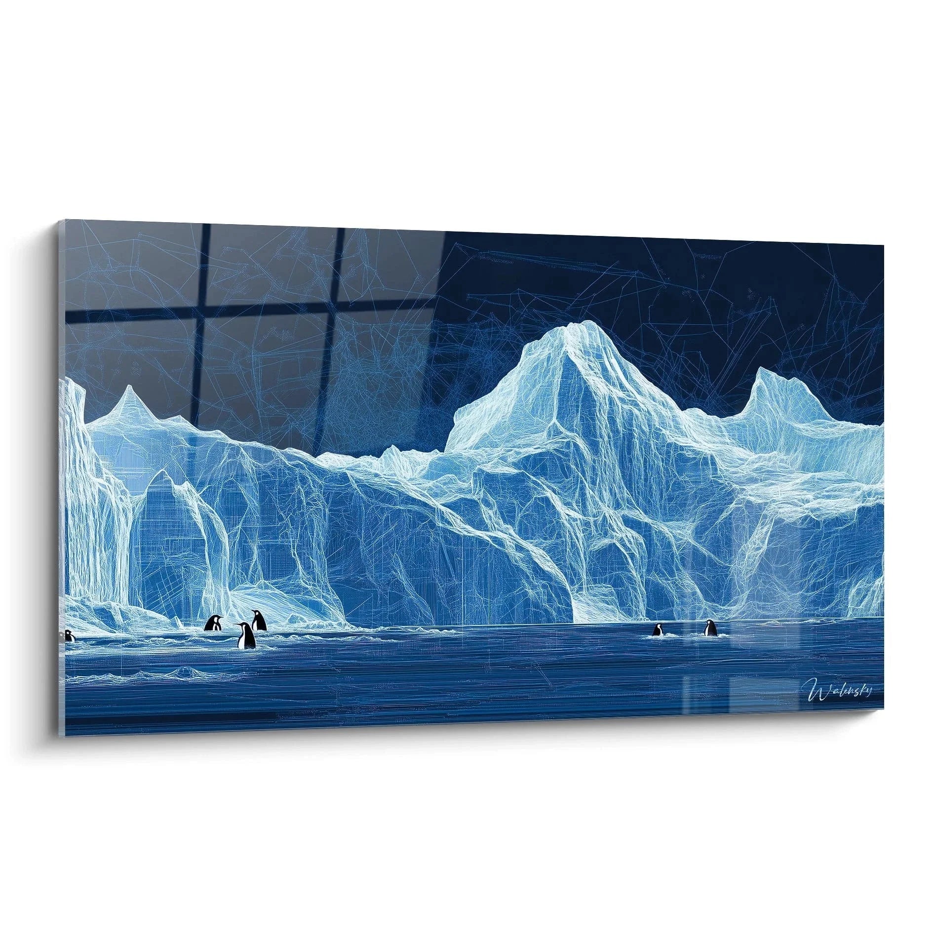 Wandbild Eisberge mit Pinguinen in geometrischem Stil - Antarktische Polarlandschaft in Blautönen