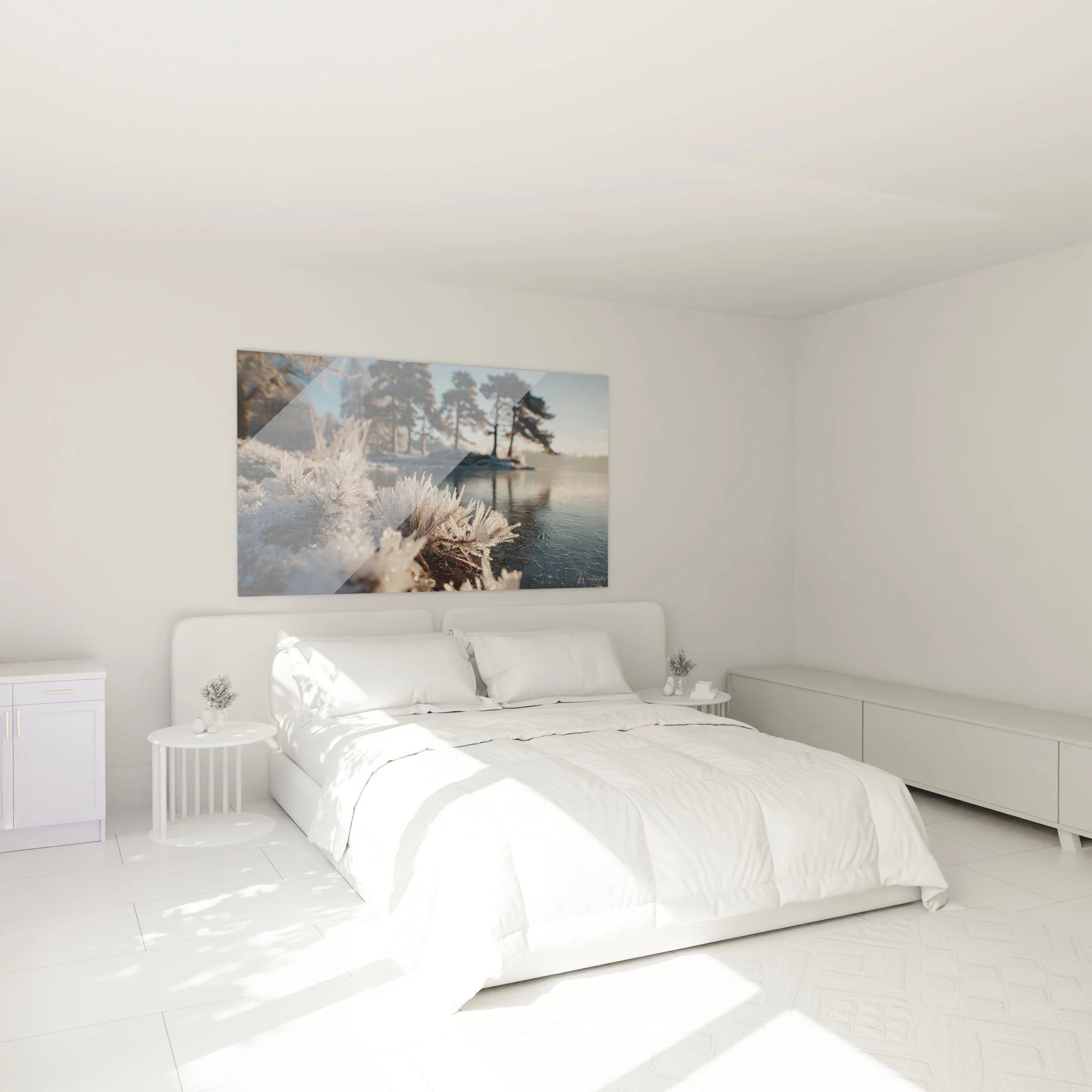 Wandbild Eiskristalle Schlafzimmer Deko - Wintermotiv Leinwand in modernem Schlafraum mit Frostlandschaft