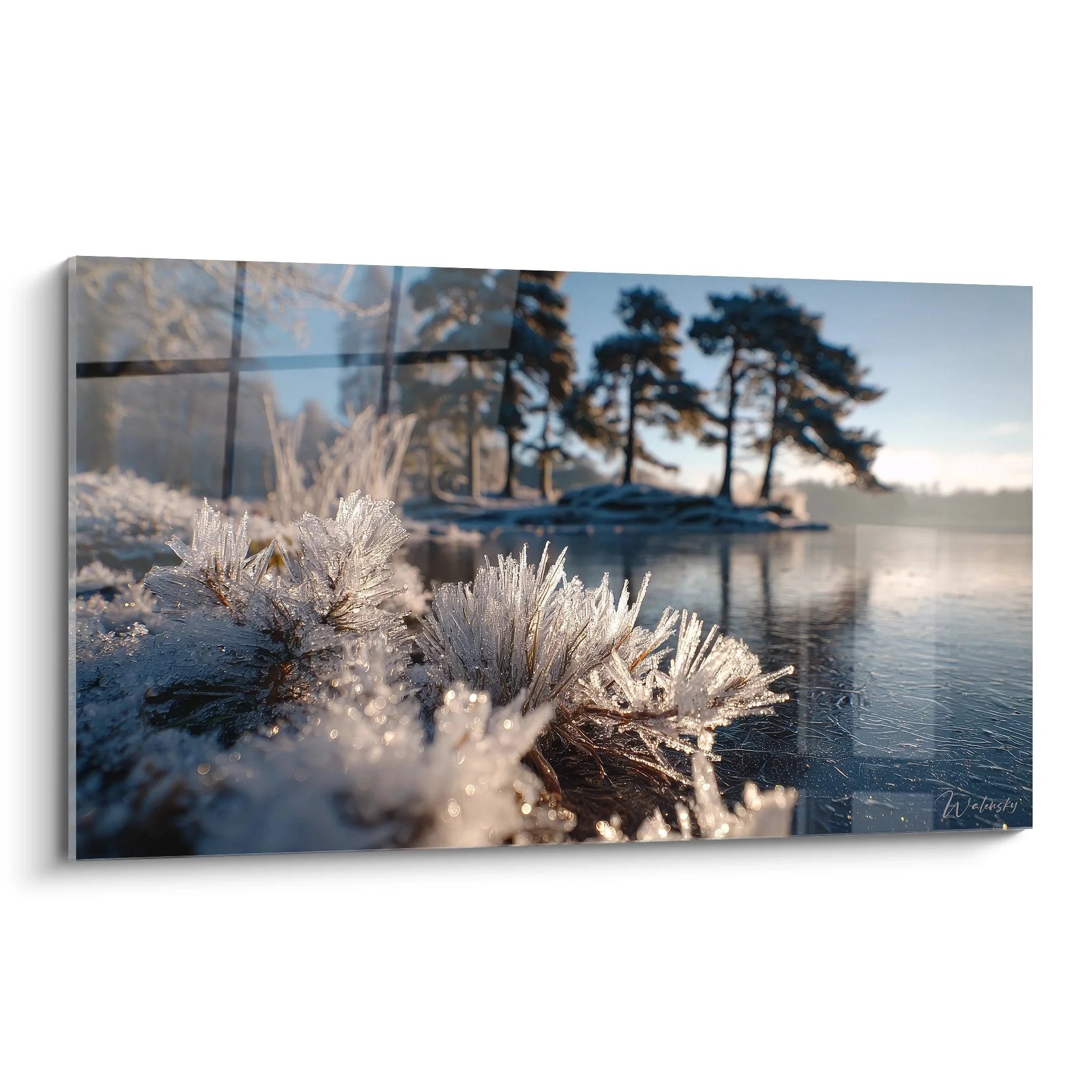 Wandbild Eiskristalle am See - Winterlandschaft mit Frost und Morgenlicht - Edition Winter Leinwand XXL