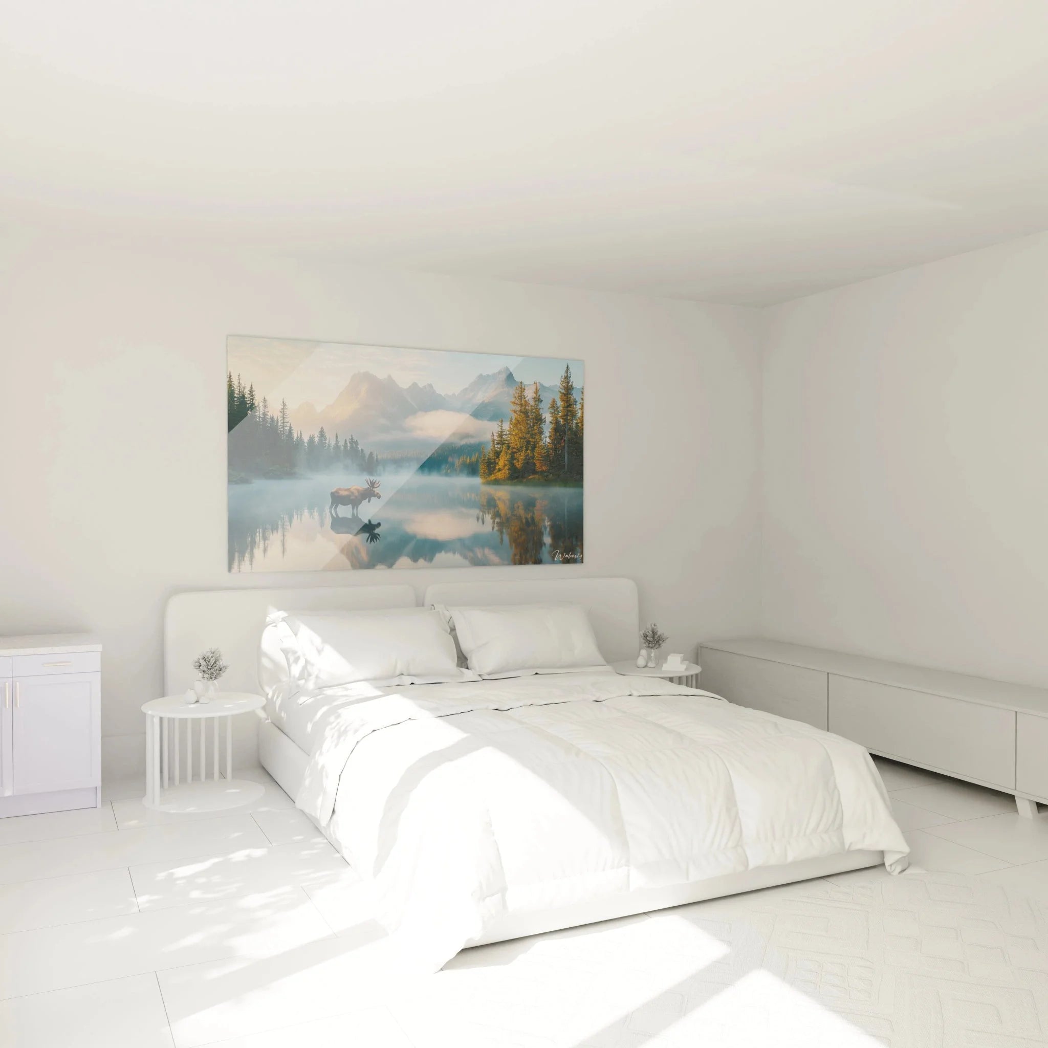 Wandbild Elch Bergsee im Schlafzimmer - mystische Berglandschaft als Wanddekoration