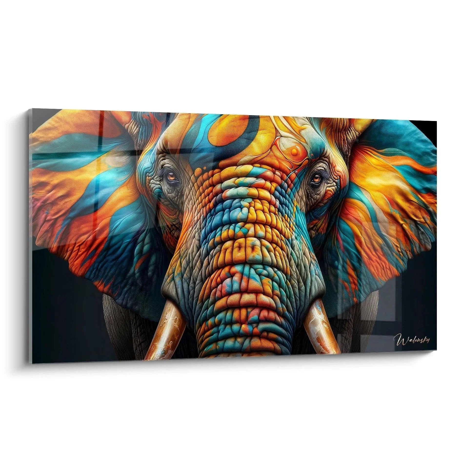 Wandbild Elefant abstrakt in leuchtenden Farben Orange Blau Türkis - Edition Elefant Kunstdruck