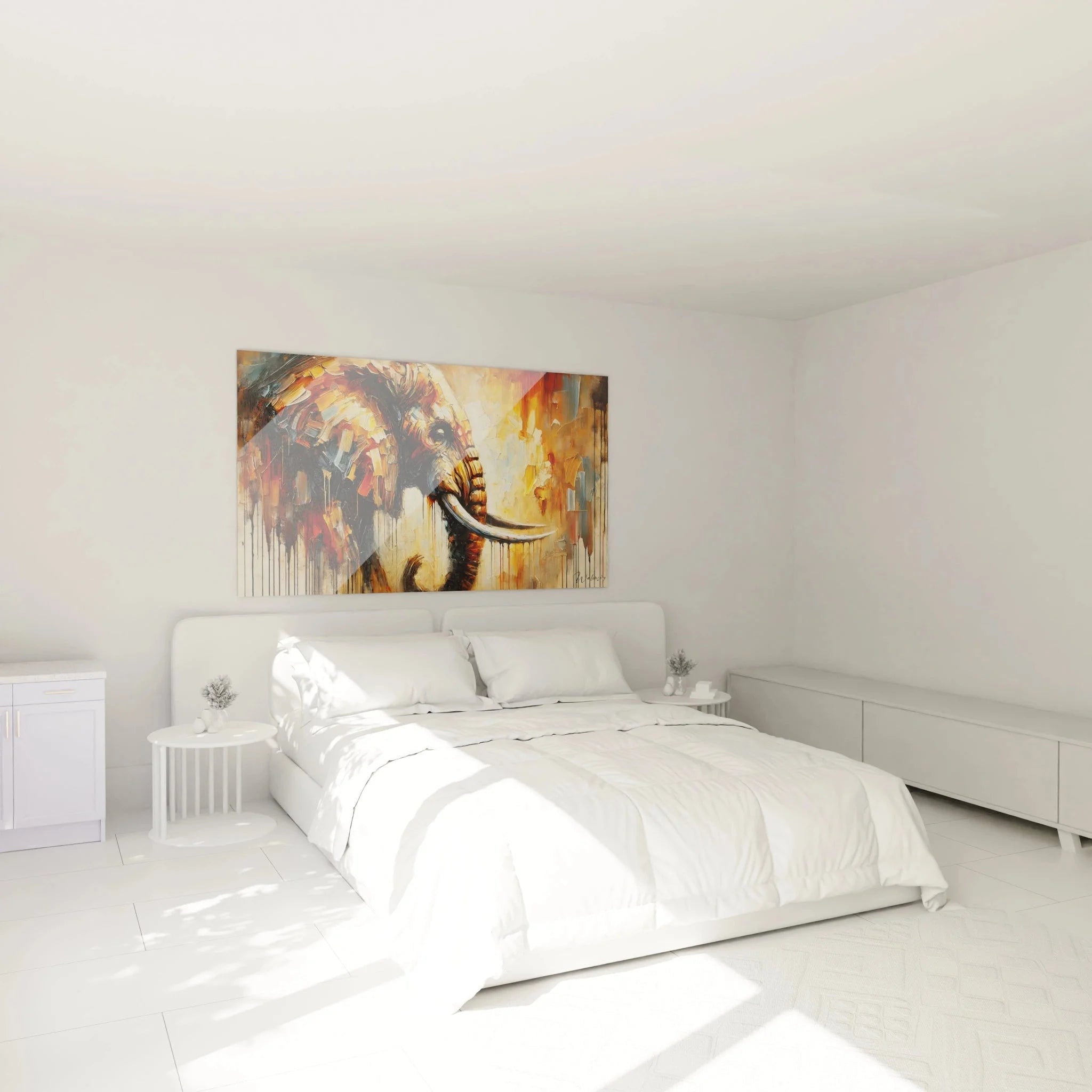 Wandbild Elefant abstrakt in Schlafzimmer Ambiente, moderne Wanddekoration mit warmen Farben