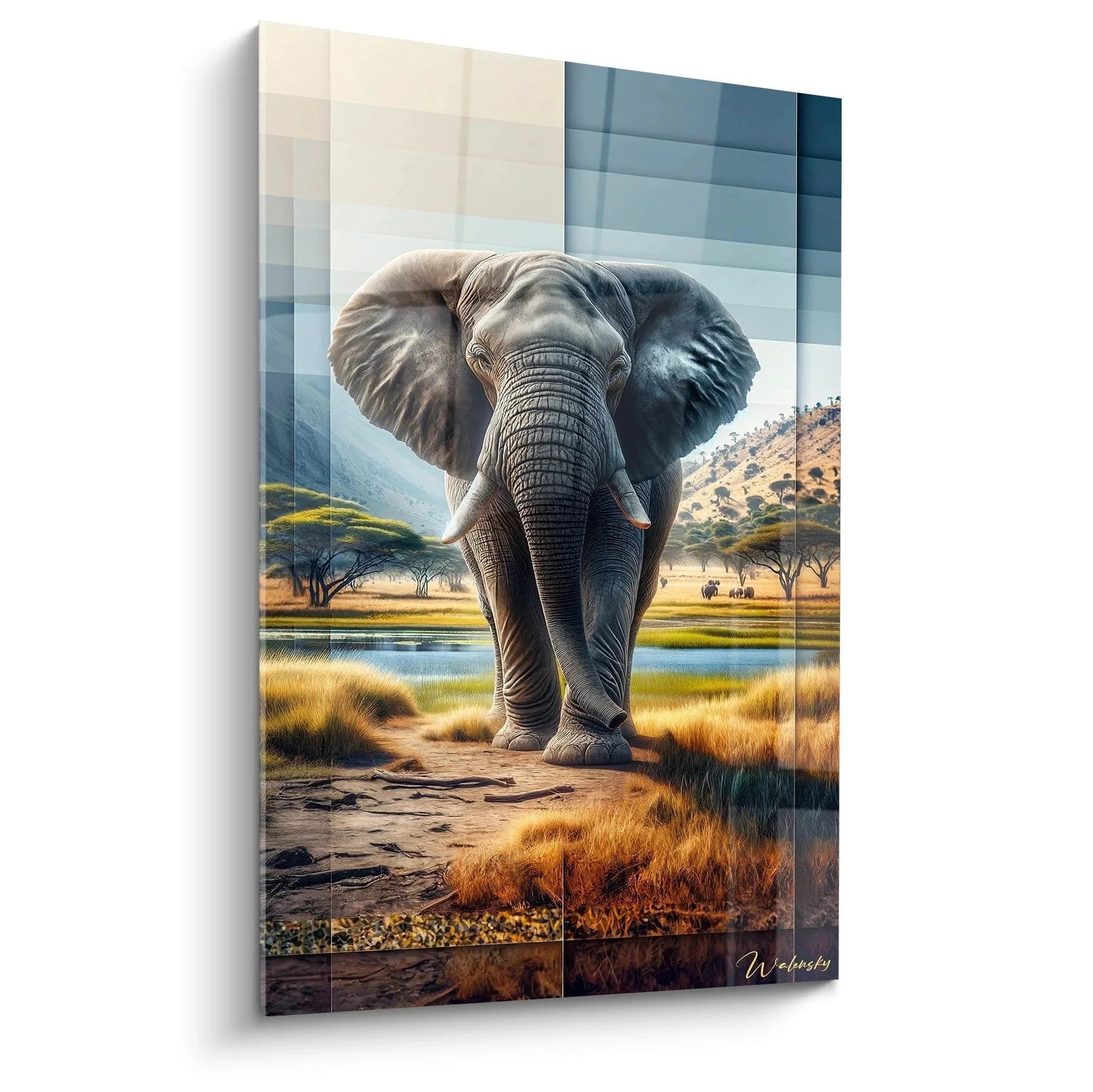 Wandbild Elefant Afrika Savanne mit geometrischer Oberflächenstruktur und blauem Himmel