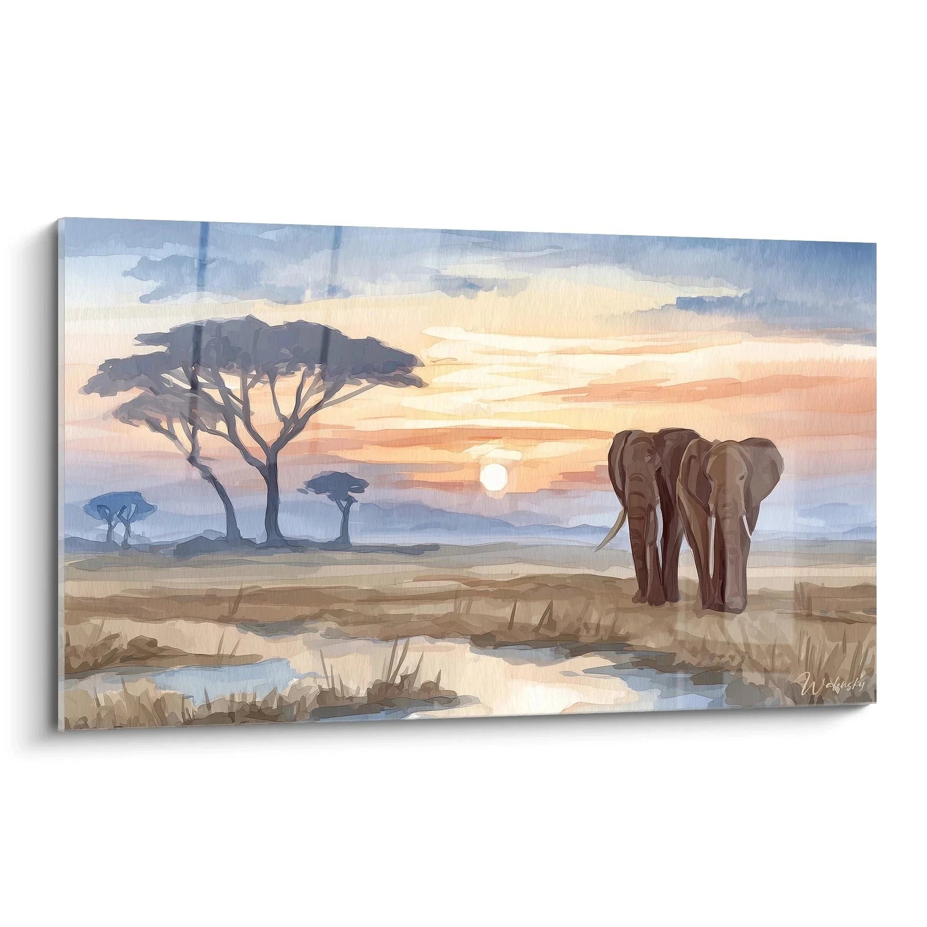 Wandbild Elefant Afrika Sonnenuntergang Savanne mit Akazien und warmem Abendlicht - Premium Kunstdruck