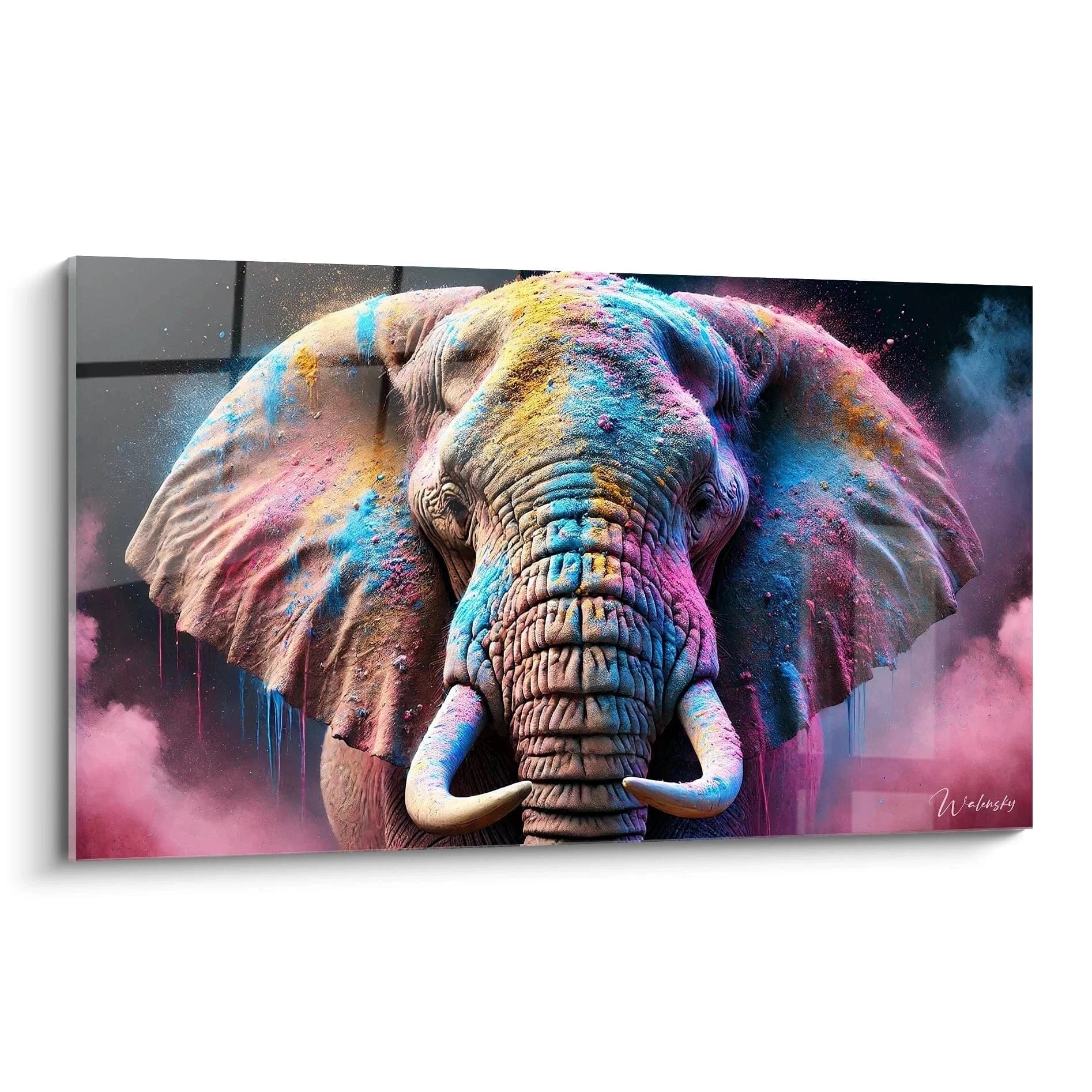 Wandbild bunter Elefant mit Farbexplosion in Blau Pink Gelb auf Leinwand gedruckt