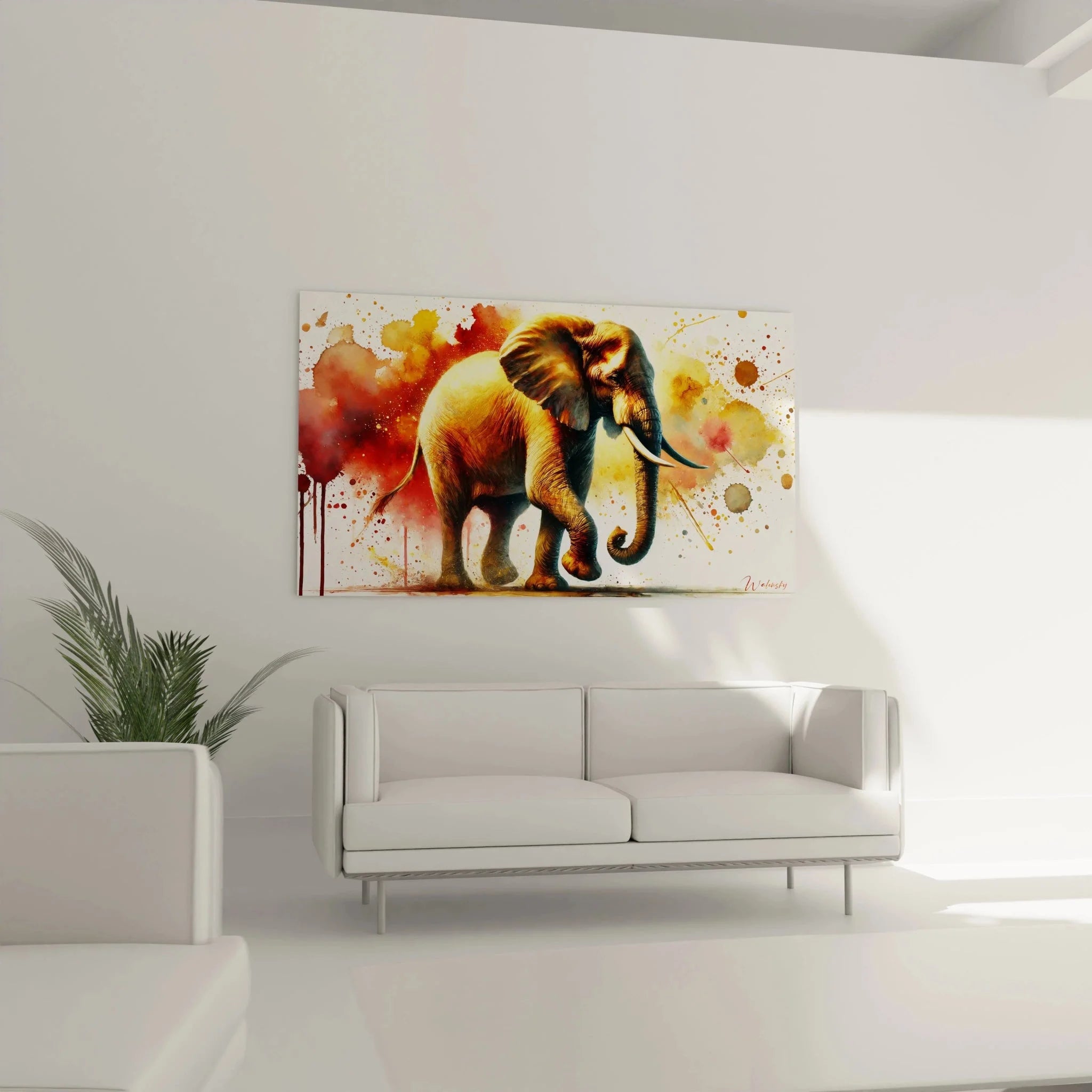 Detailansicht Wandbild Elefant Aquarell, sichtbare Pinselstriche und Farbverläufe in Gold und Rottönen