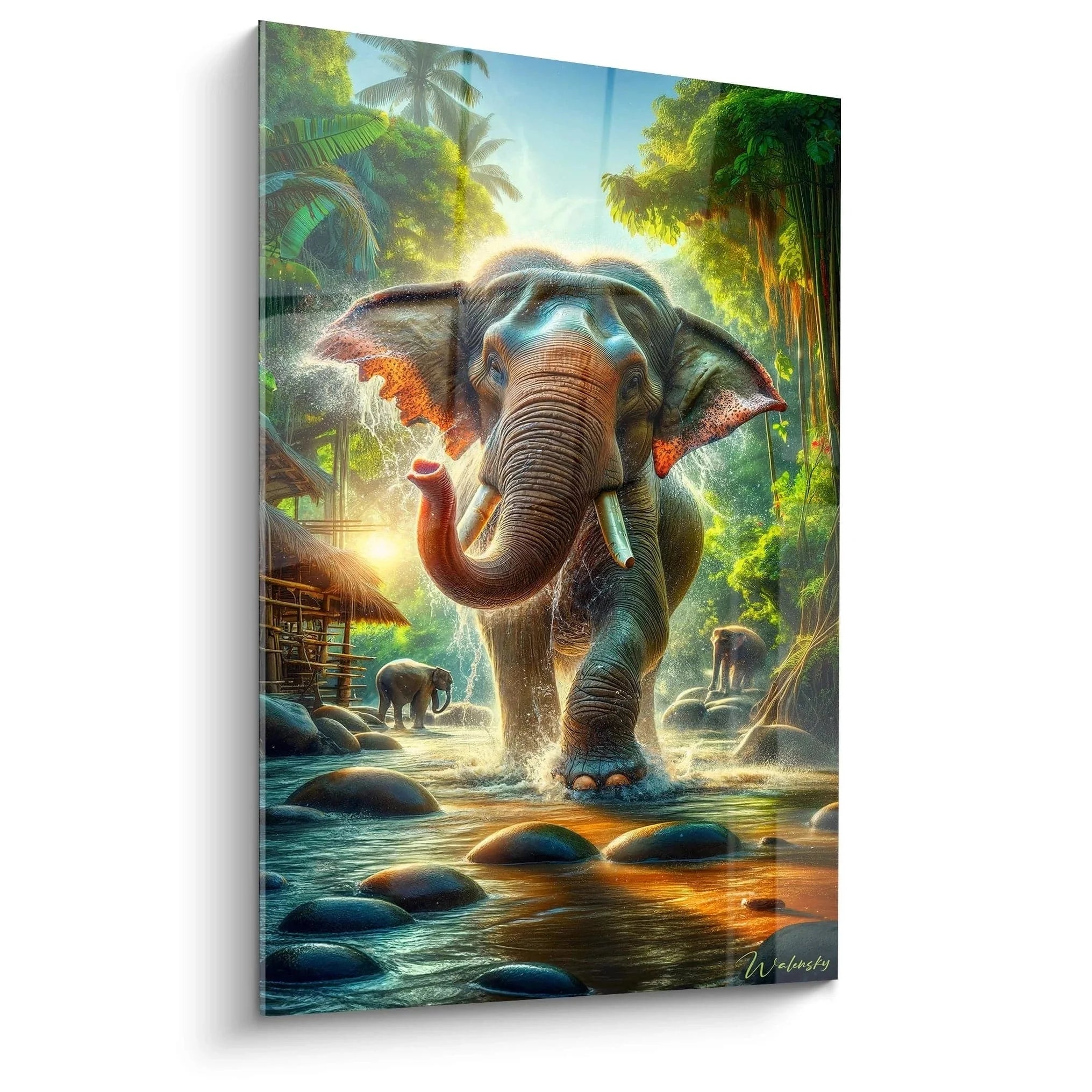 Wandbild Elefant im tropischen Dschungel mit Wasserstelle und Palmen - Edition Elefant